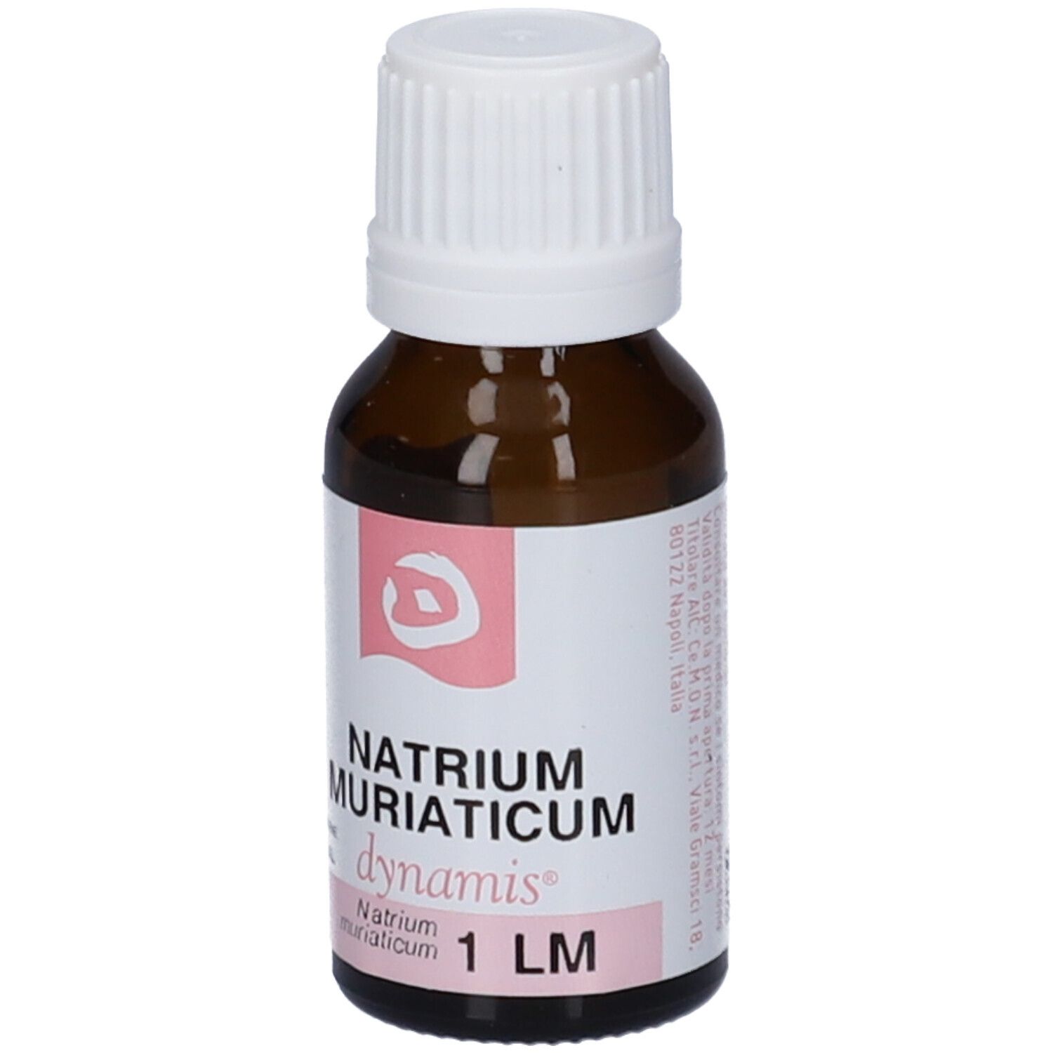 Flacone di vetro marrone con tappo bianco. Etichetta con nome del prodotto e logo. Testo: Natrium Muriaticum DynamisOrale Gtt 1 LM.