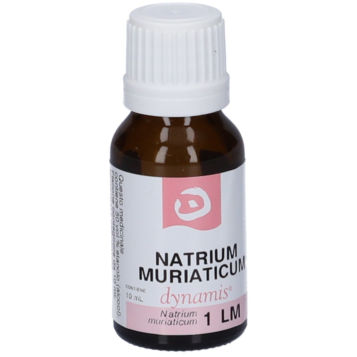 Flacone di vetro marrone con tappo bianco. Etichetta con informazioni sul prodotto. Testo: Natrium Muriaticum DynamisOrale Gtt 1 LM.