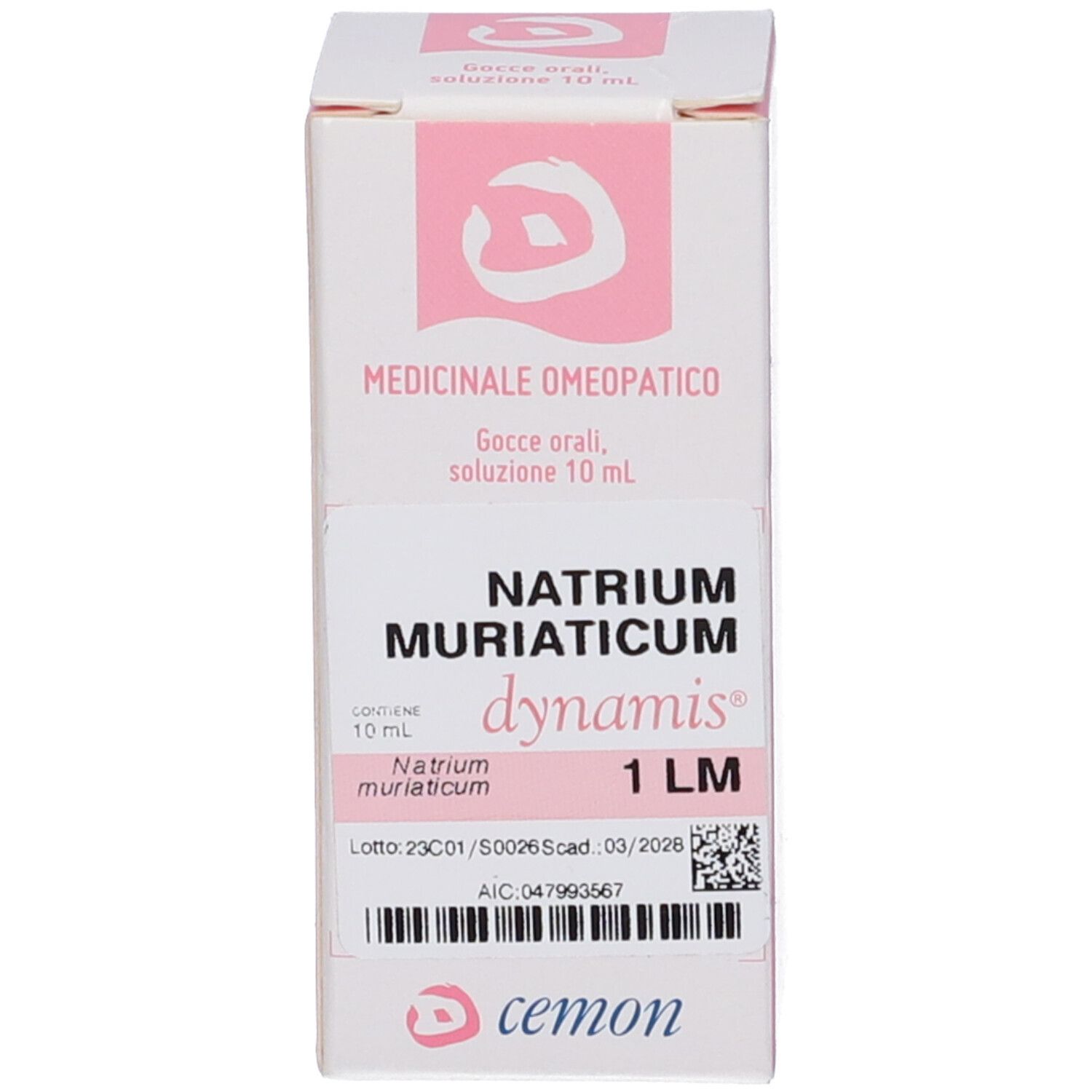 Confezione. Bianca con accenti rosa. Testo: Medicinale Omeopatico, Natrium Muriaticum Dynamis, 1 LM, cemon.