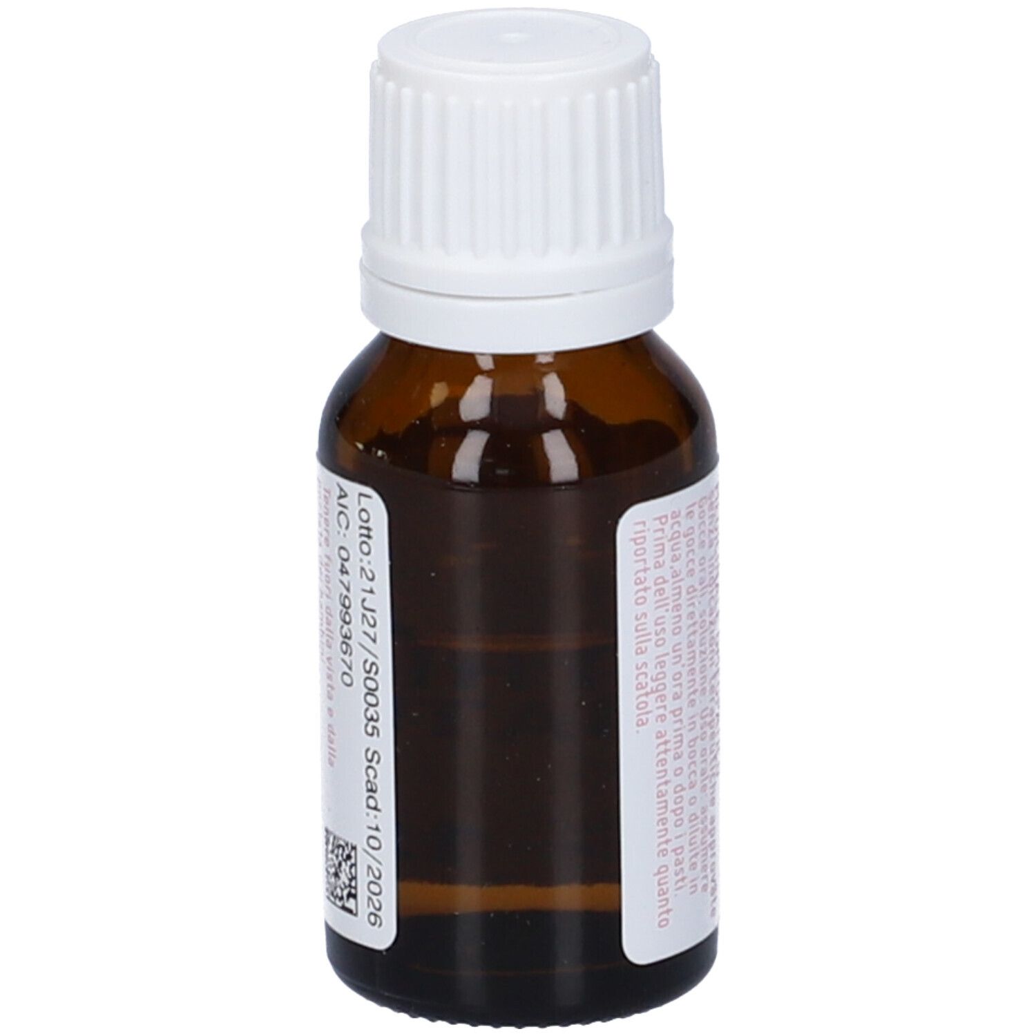 Flacone di vetro marrone con tappo bianco. Scritta: Natrium Muriaticum, dynamis, 12 LM.