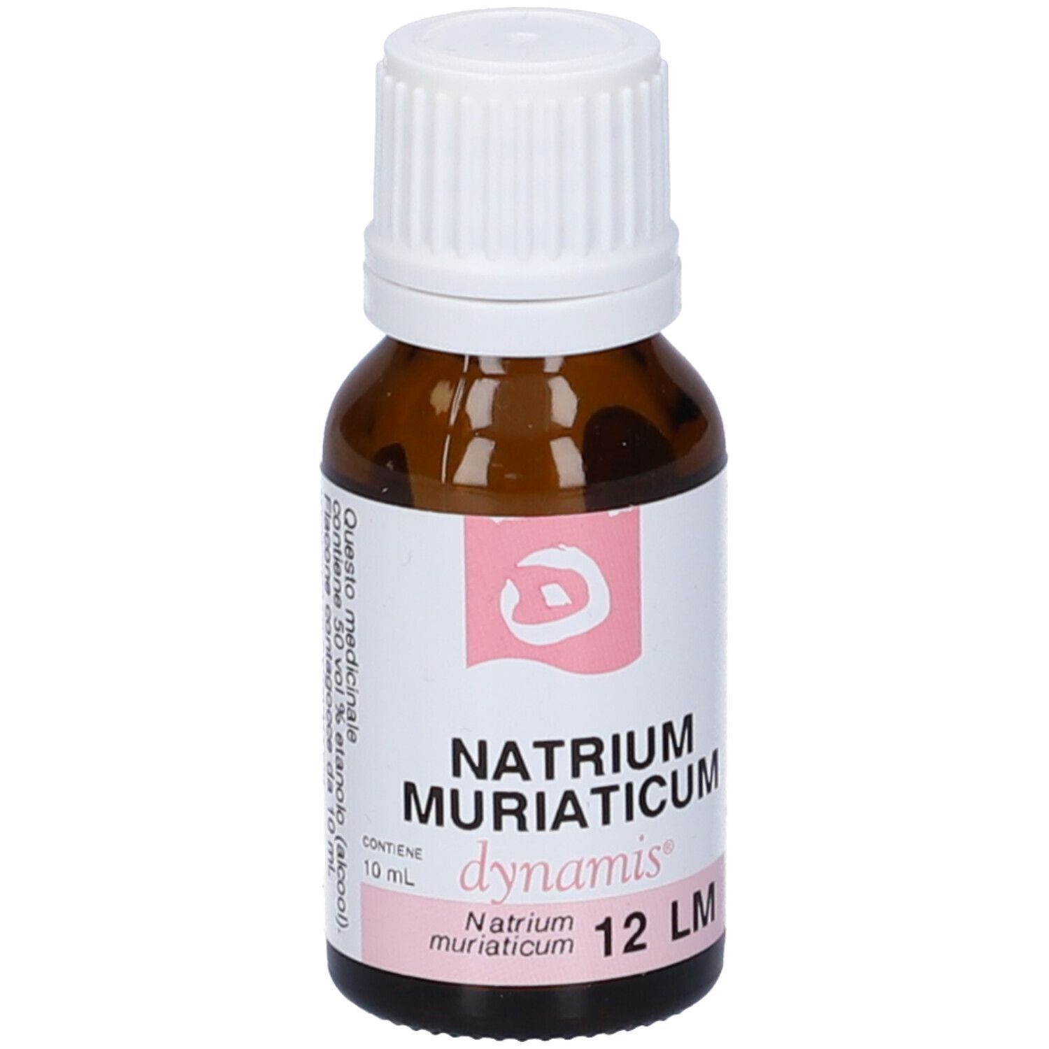 Flacone di vetro marrone con tappo bianco. Scritta: Natrium Muriaticum, dynamis, 12 LM.