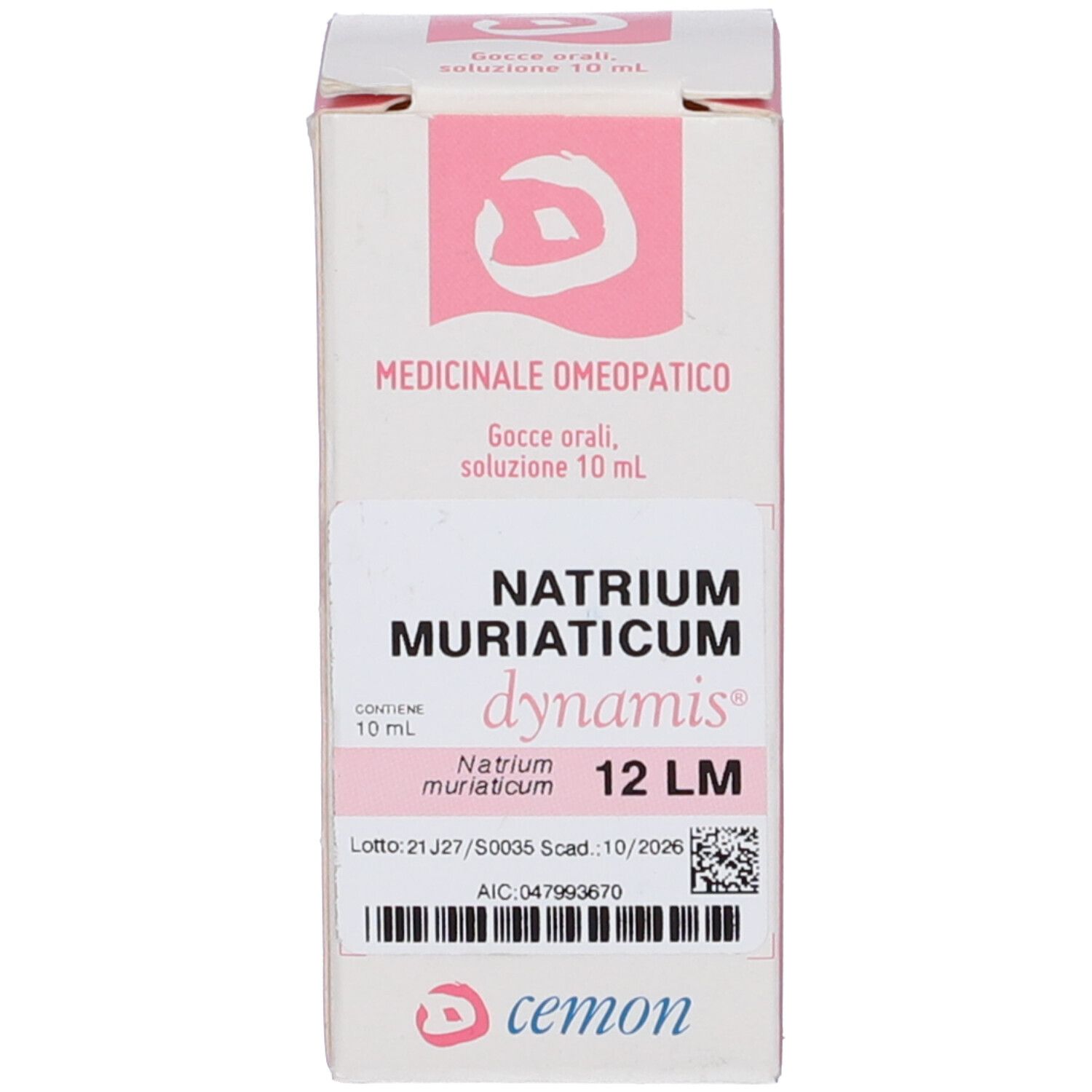 Scatola rosa e bianca. Scritta: Natrium Muriaticum, dynamis, 12 LM, cemon.
