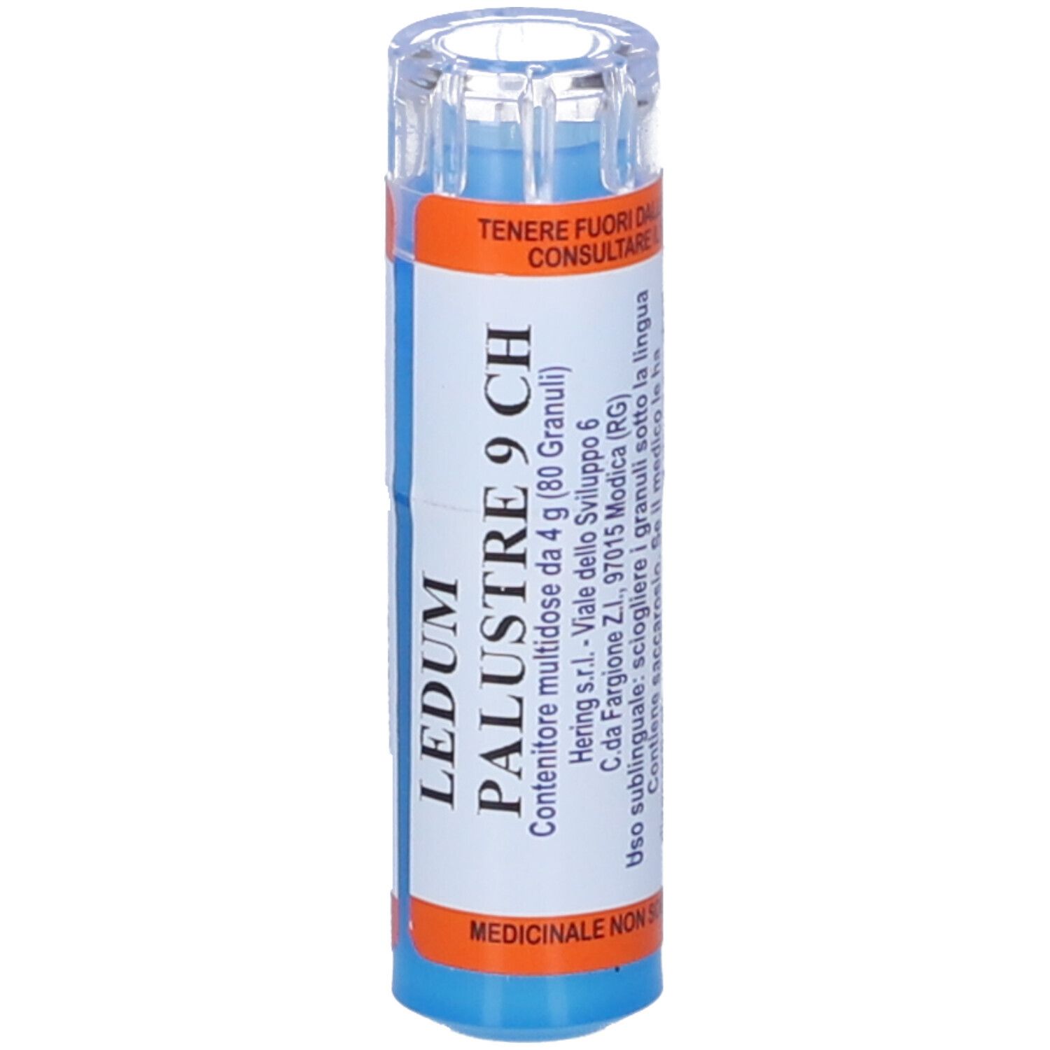 Tubetto blu-arancione con tappo trasparente. Scritta: LEDUM PALUSTRE 9 CH, 80 Granuli. Etichetta con ulteriori informazioni.