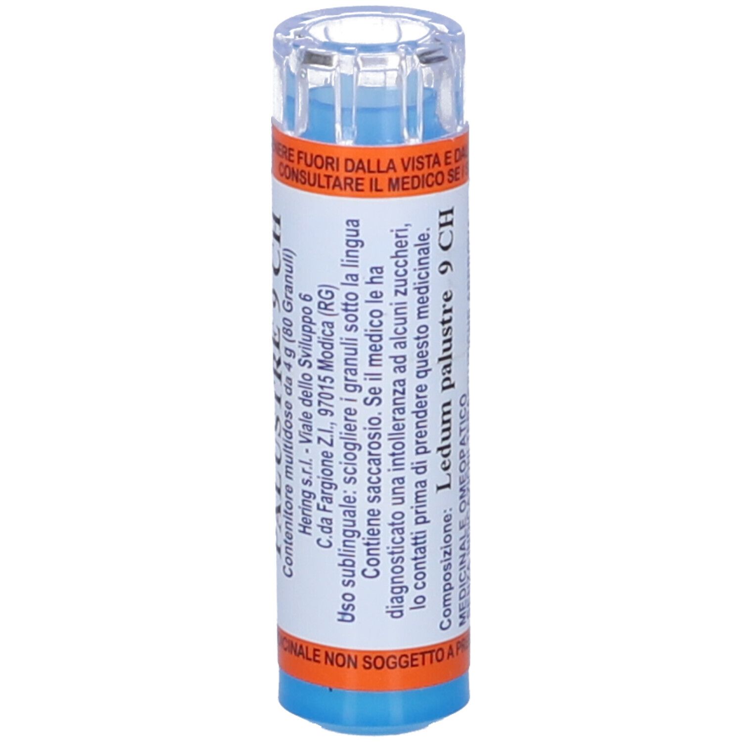 Tubetto blu-arancione con tappo trasparente. Scritta: LEDUM PALUSTRE 9 CH. Etichetta con ulteriori informazioni.