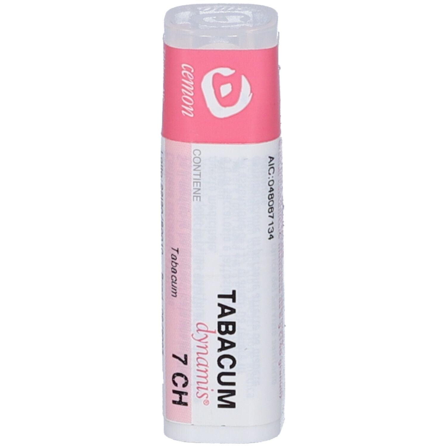 Confezione cilindrica bianca con etichetta rosa. Testo 'TABACUM dynamis 7 CH'.