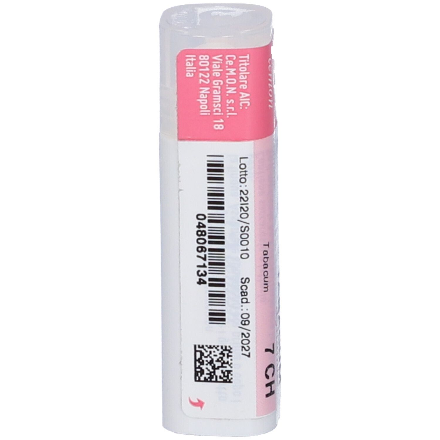 Confezione cilindrica con codice a barre e testo. Etichetta 'TABACUM dynamis 7 CH'.
