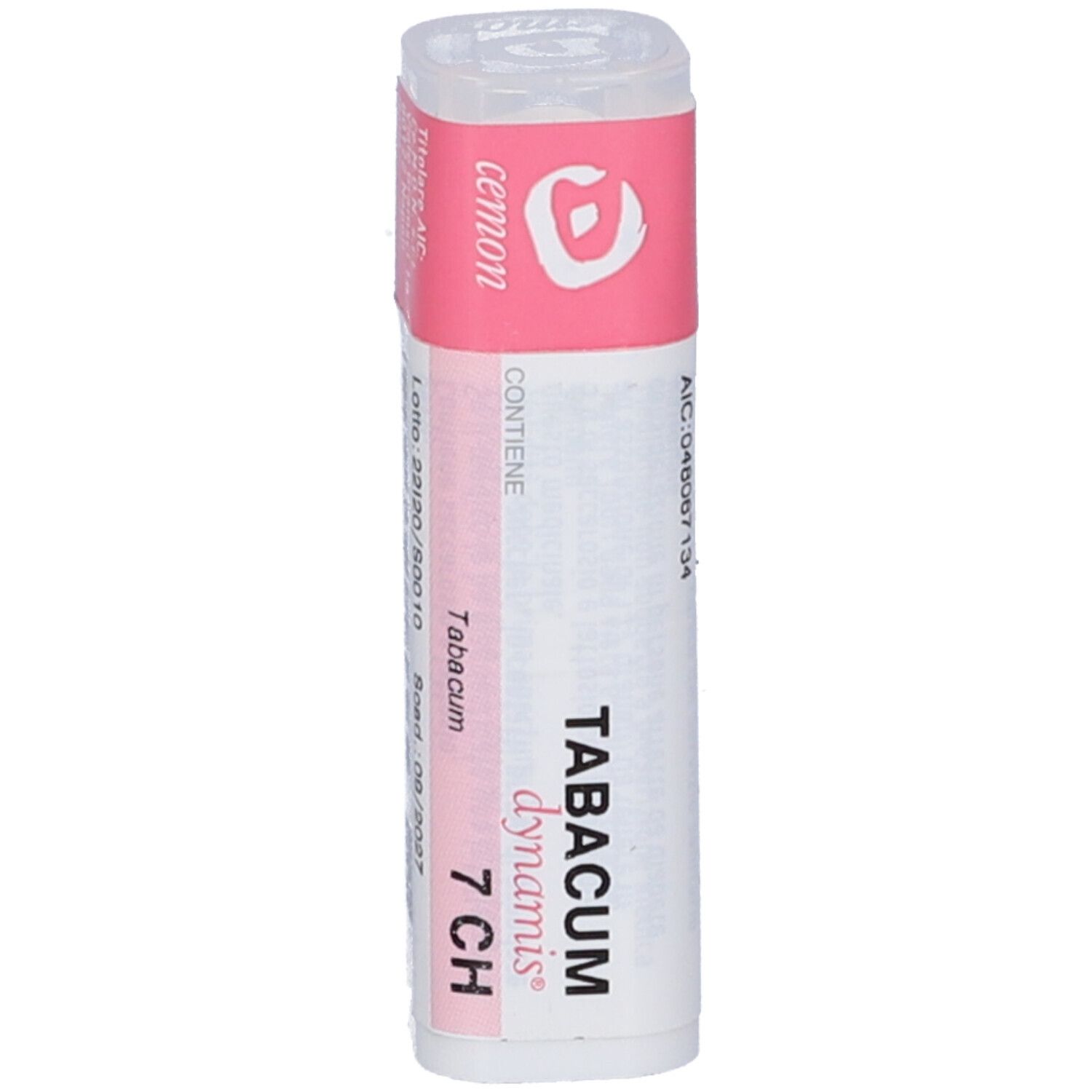 Confezione cilindrica con etichetta rosa. Testo 'TABACUM dynamis 7 CH'.