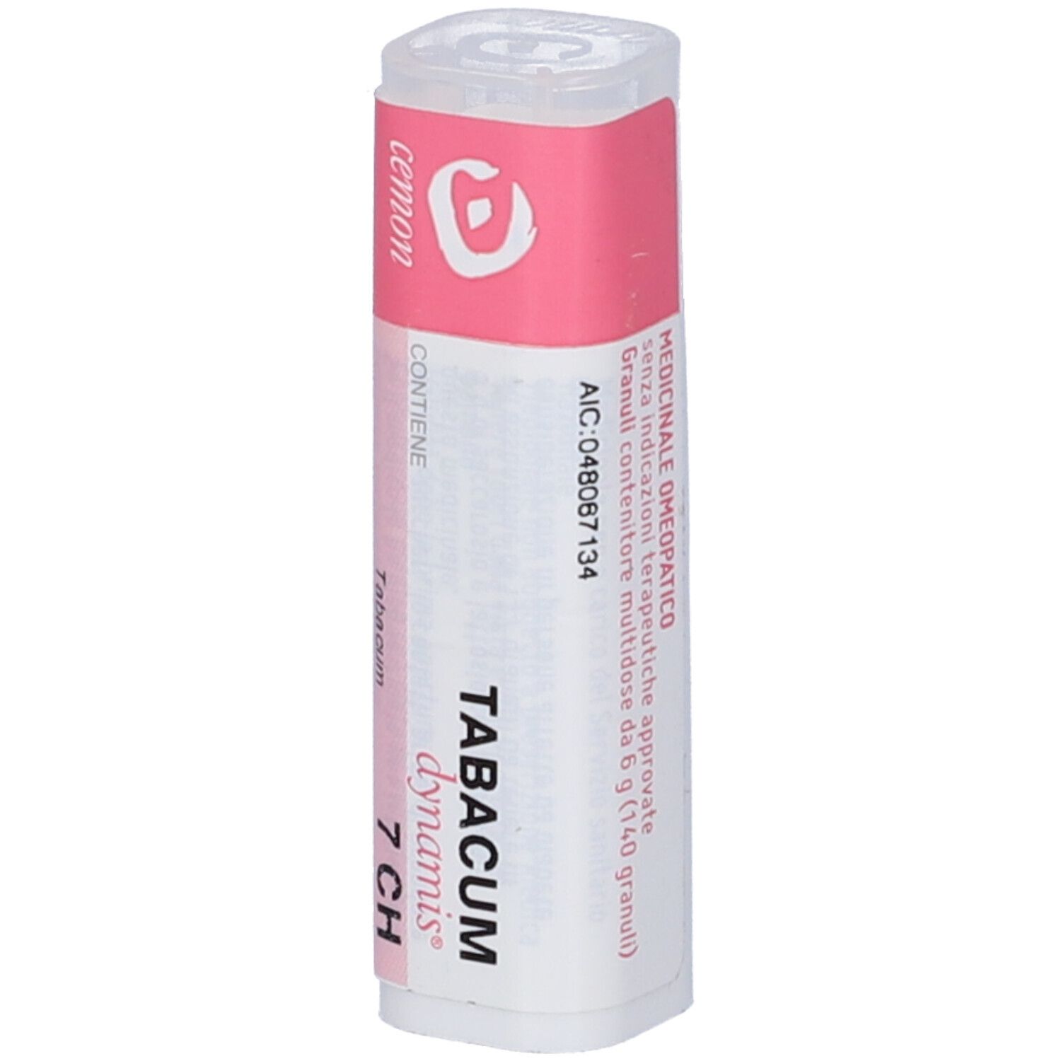 Confezione cilindrica con etichetta rosa. Testo e '140 granuli'.