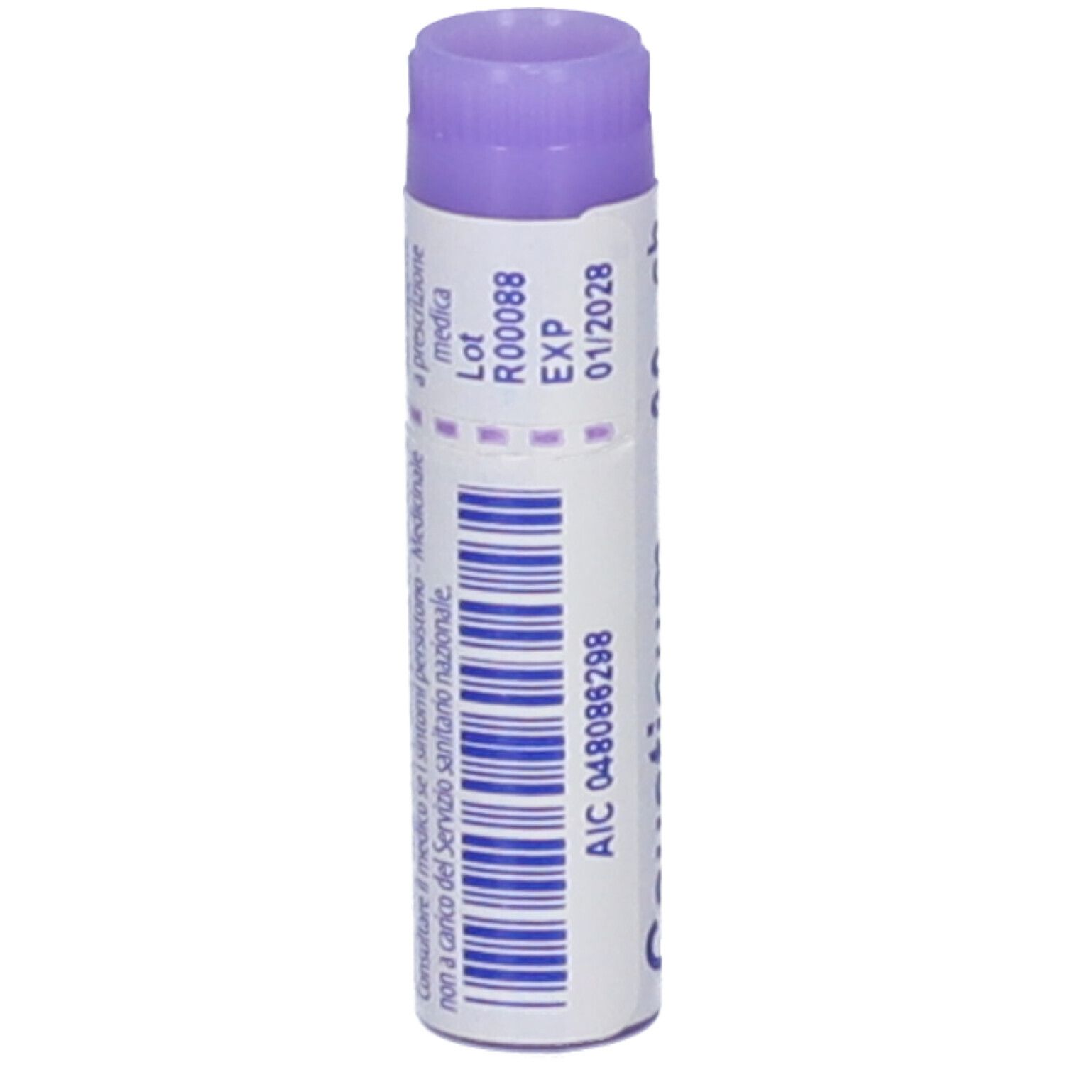 Piccolo tubo bianco con tappo viola ed etichetta con codice a barre e data di scadenza.