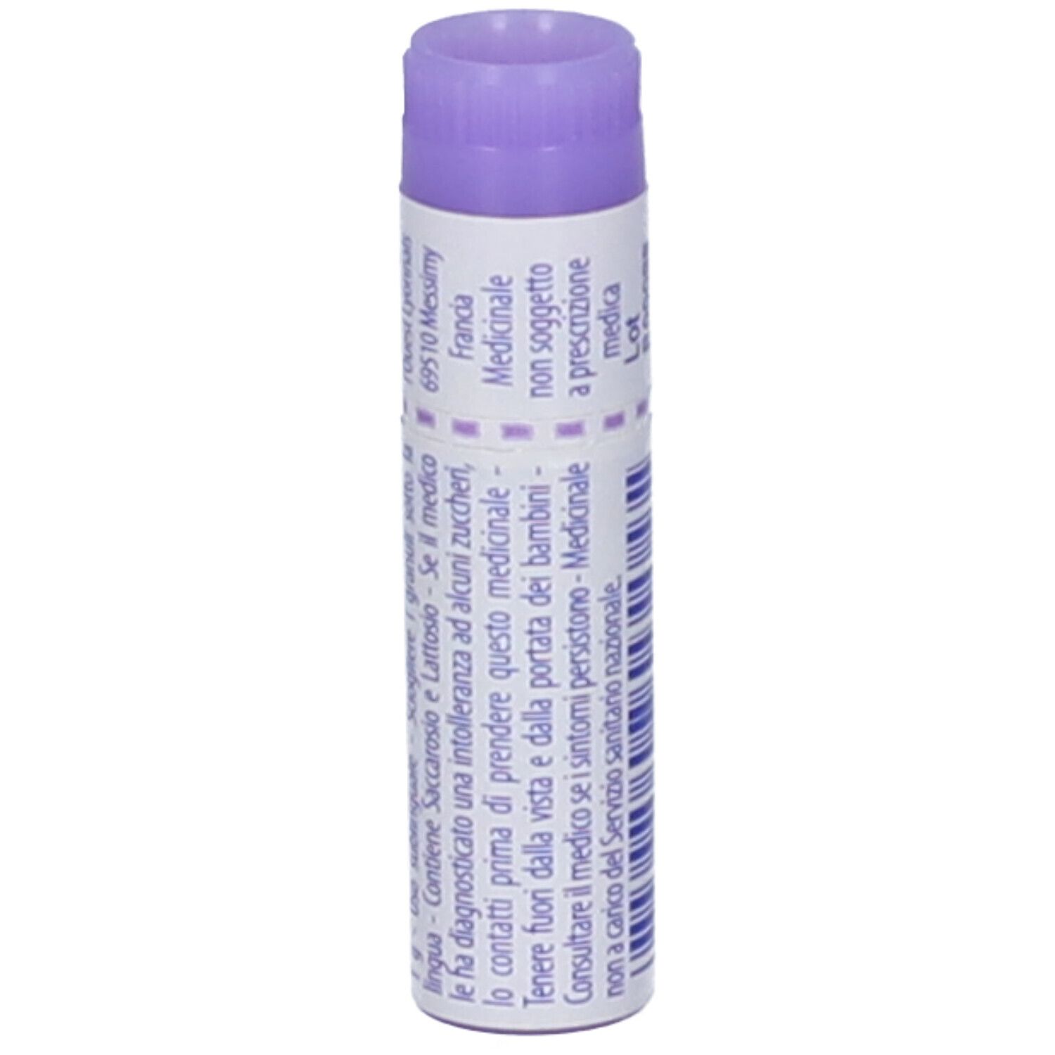 Medicinale omeopatico con tappo viola e tubo bianco.