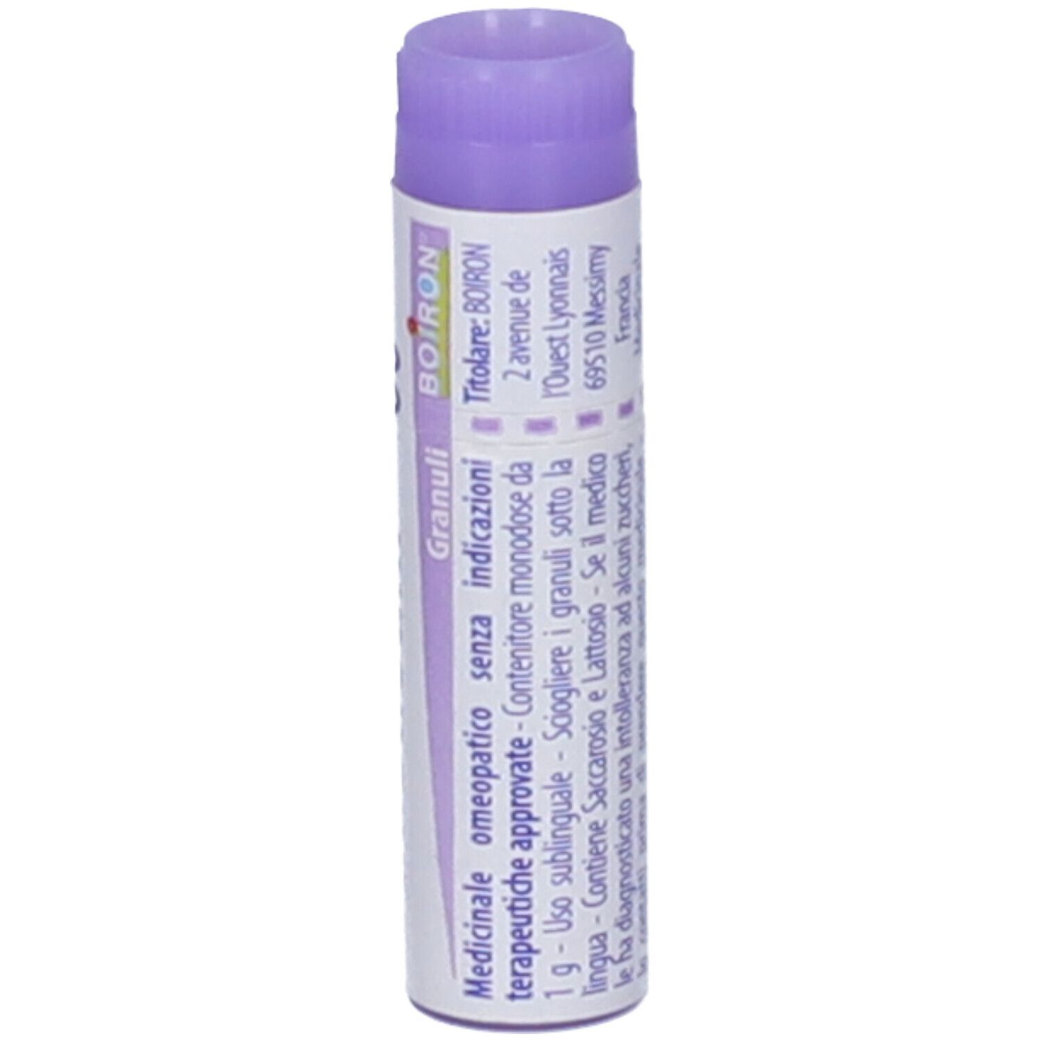 Tubo viola con granuli omeopatici, marca Boiron.