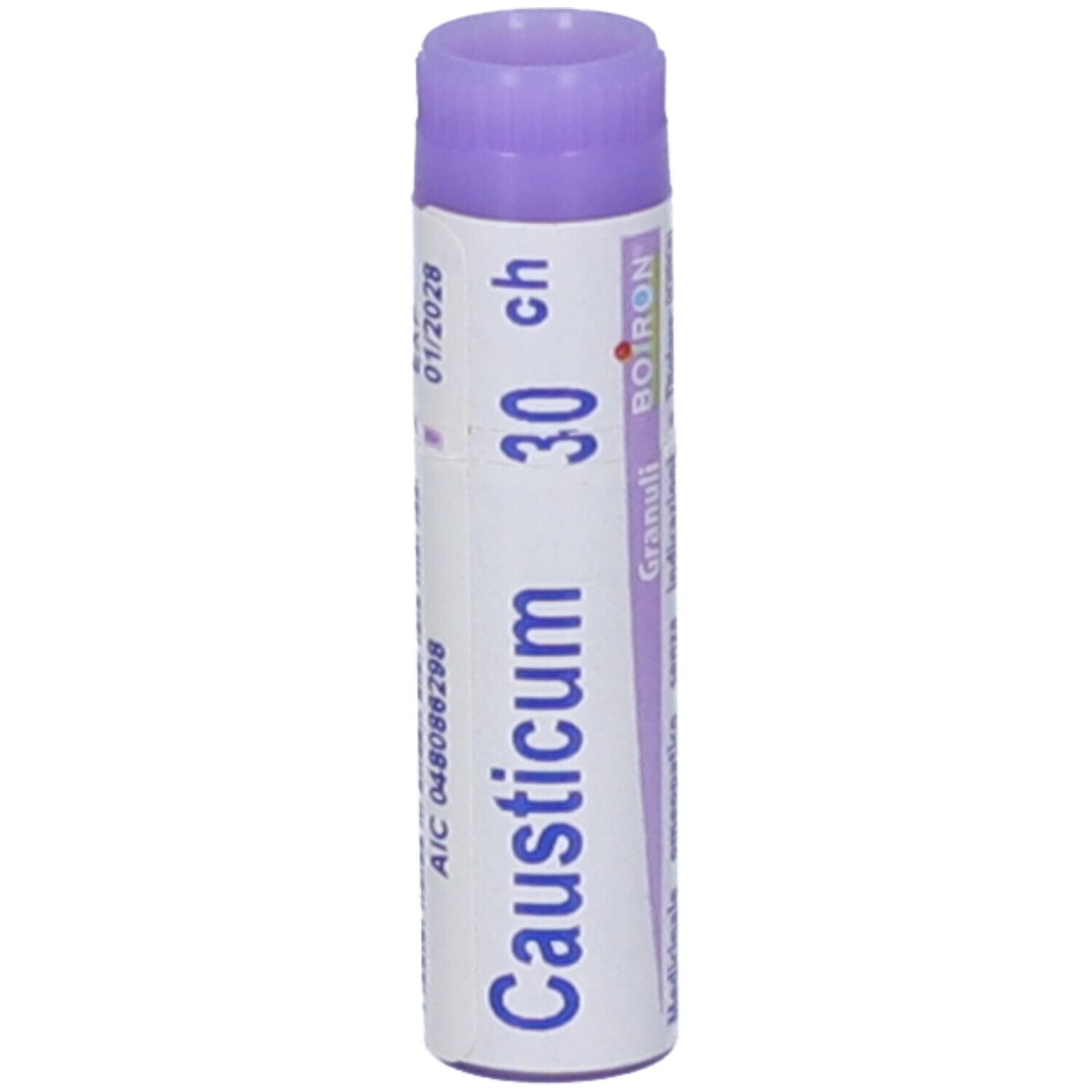 Tubo viola con granuli omeopatici, Causticum 30 Ch, marca Boiron.