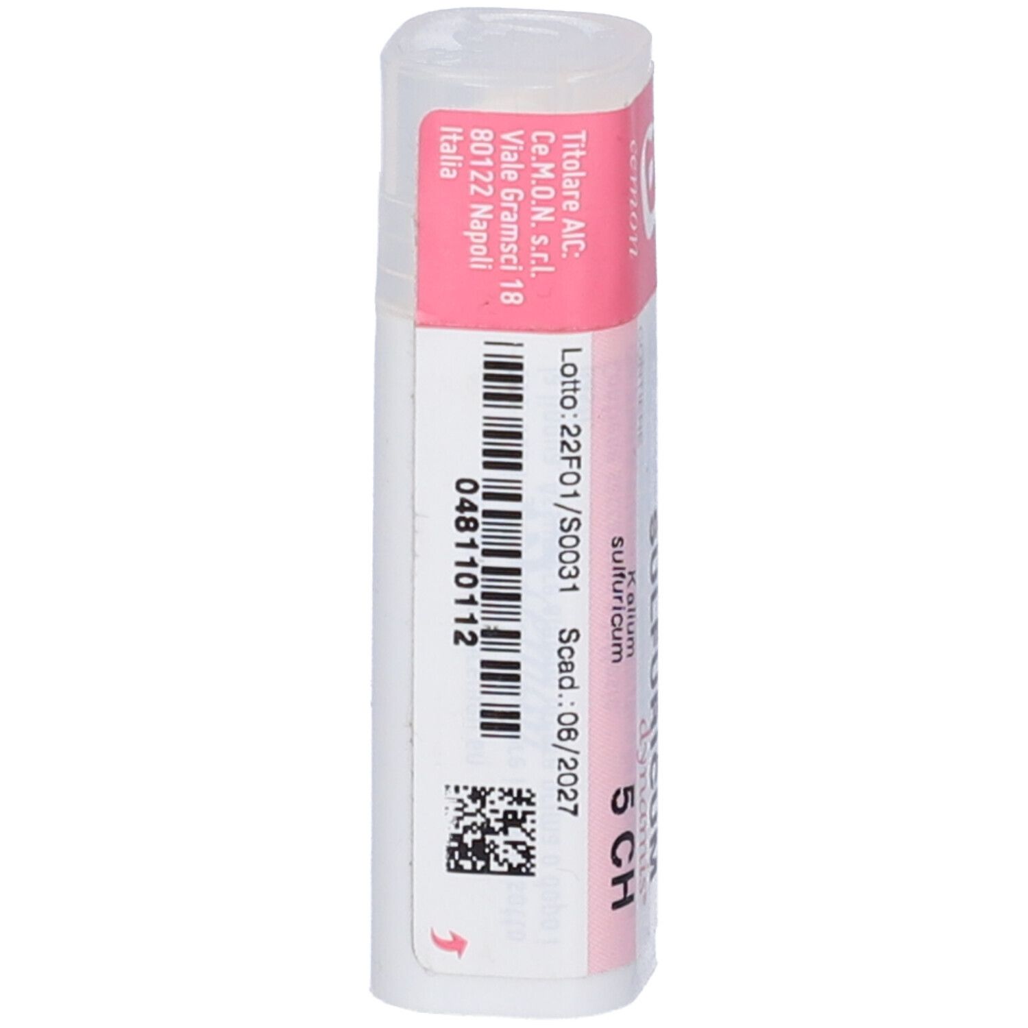 Confezione cilindrica con codice a barre e numero di lotto. Contiene informazioni sul prodotto e data di scadenza.