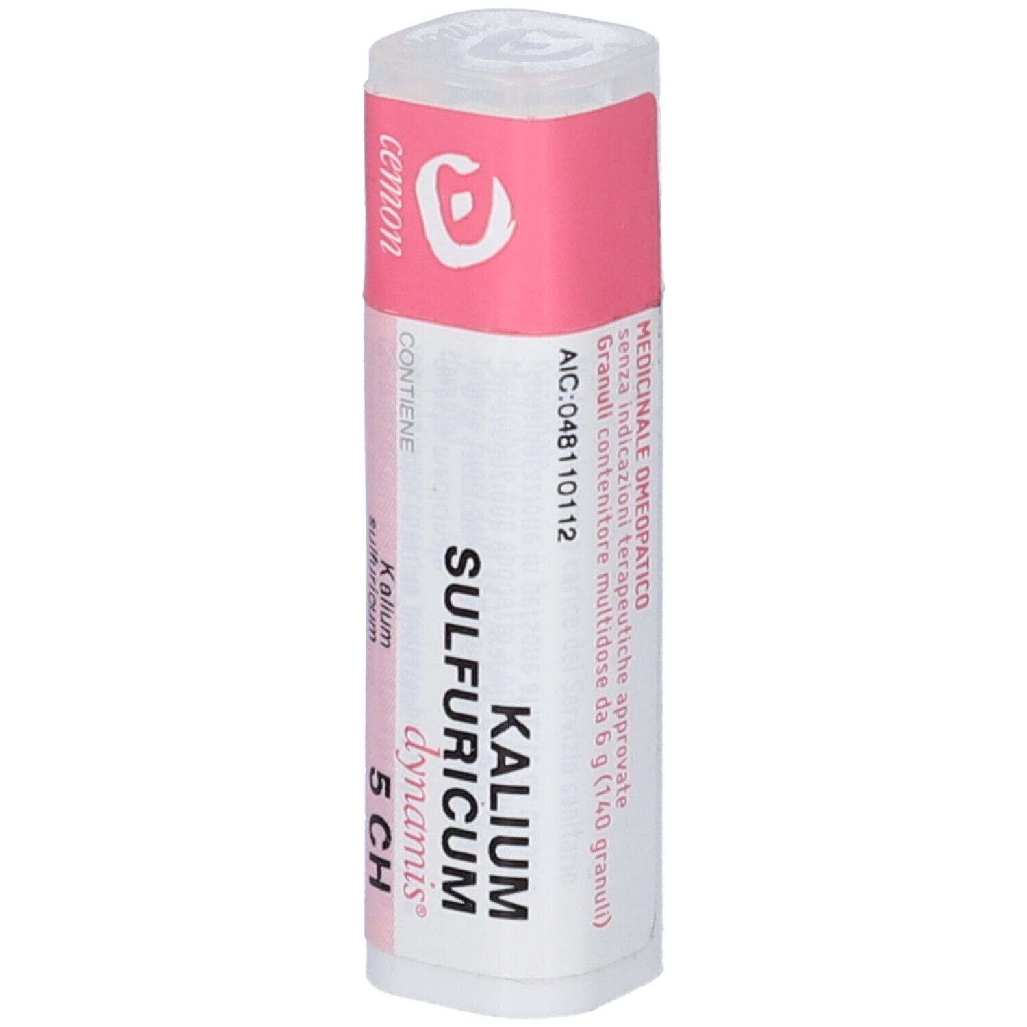 Confezione cilindrica con etichetta rosa e bianca. Contiene il nome del prodotto e il dosaggio.