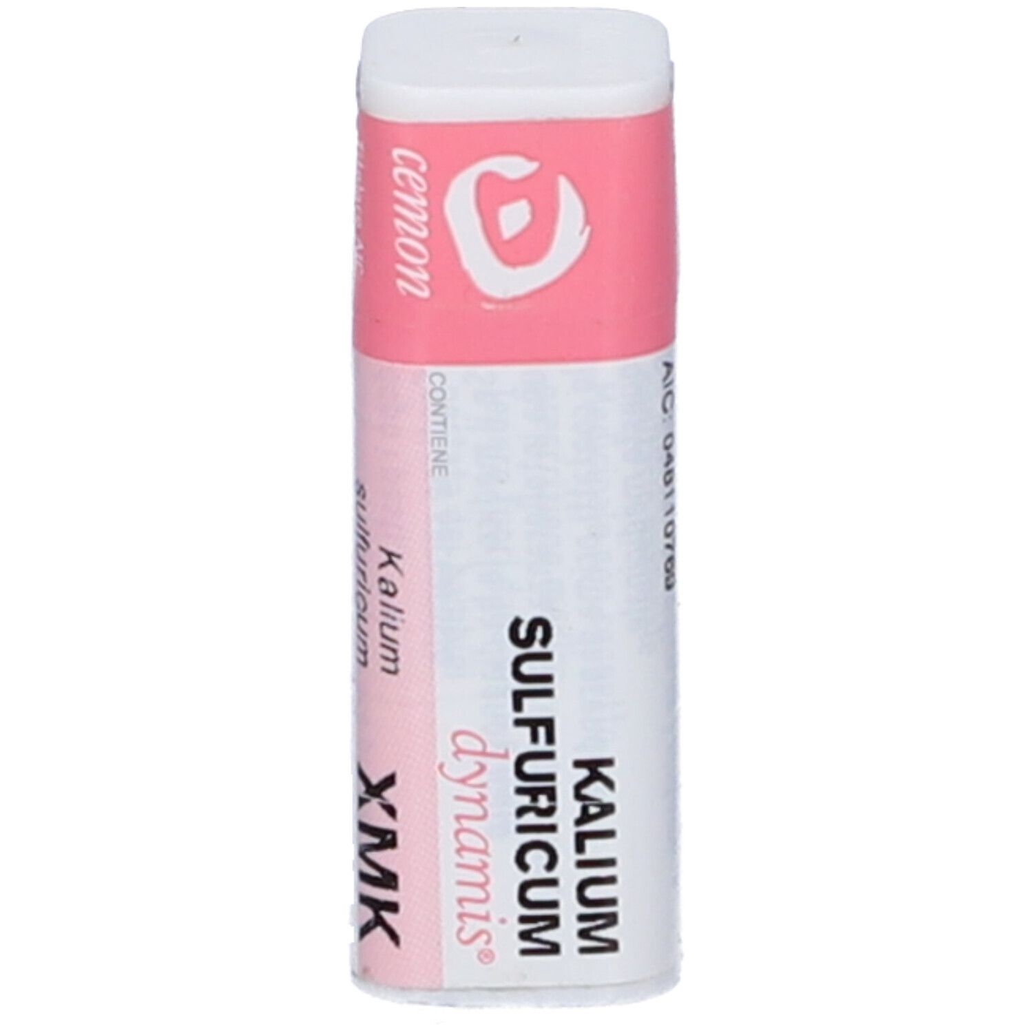 Flacone cilindrico con fascia rosa. Scritte: cemon, Kalium Sulfuricum, dynamis, XMK. Codice ATC visibile.
