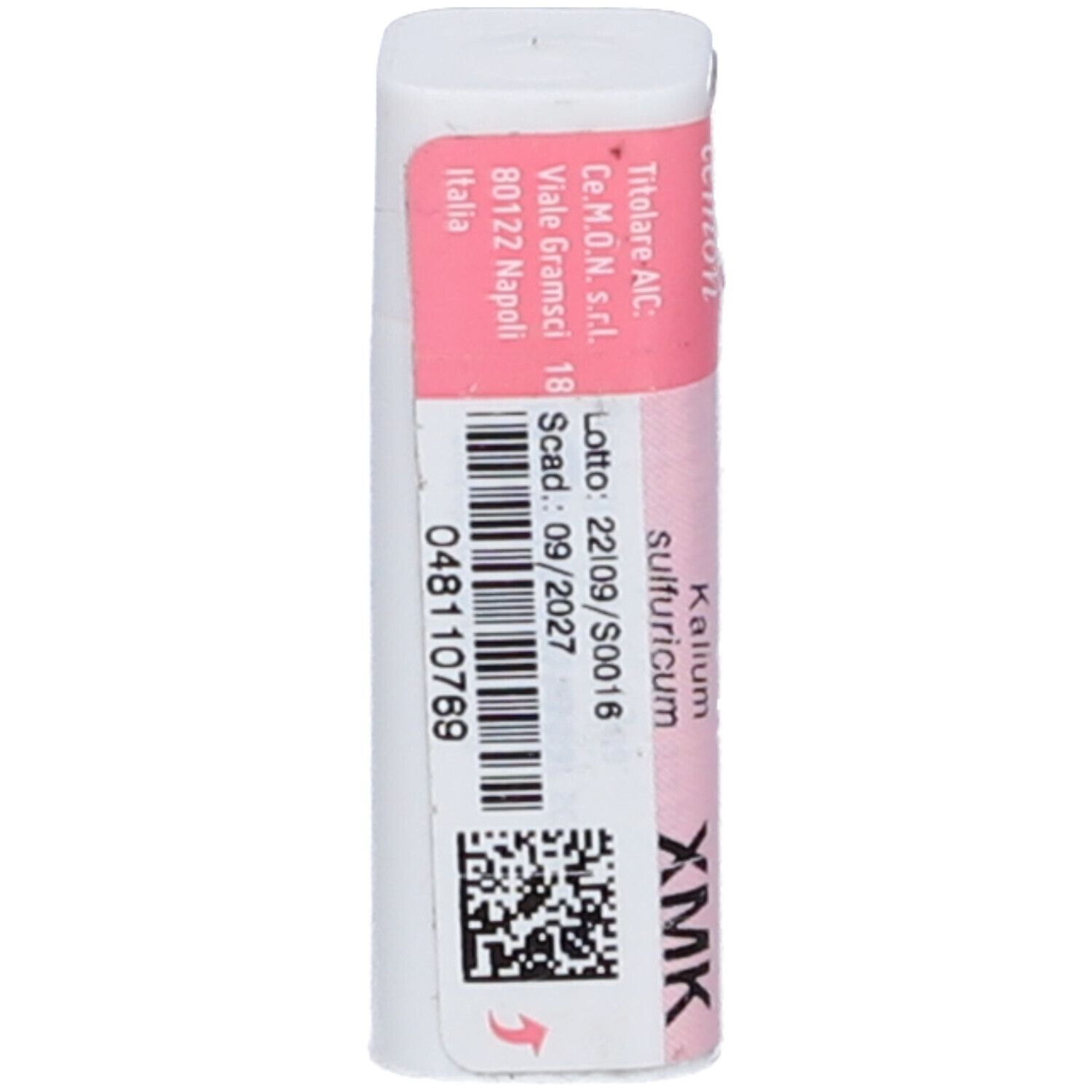 Flacone cilindrico con fascia rosa. Scritte: cemon, Kalium Sulfuricum, dynamis, XMK. Codice ATC e codice a barre.