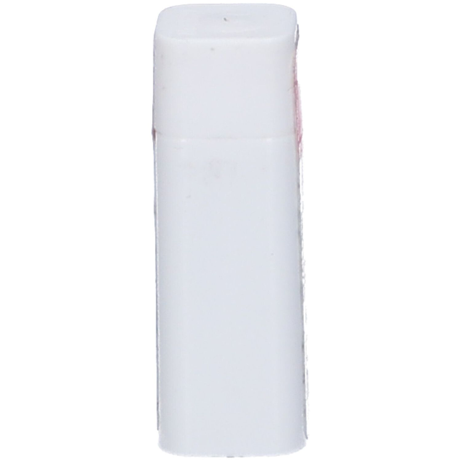 Flacone rettangolare bianco. Fascia rosa con testo. Nome del prodotto non visibile.