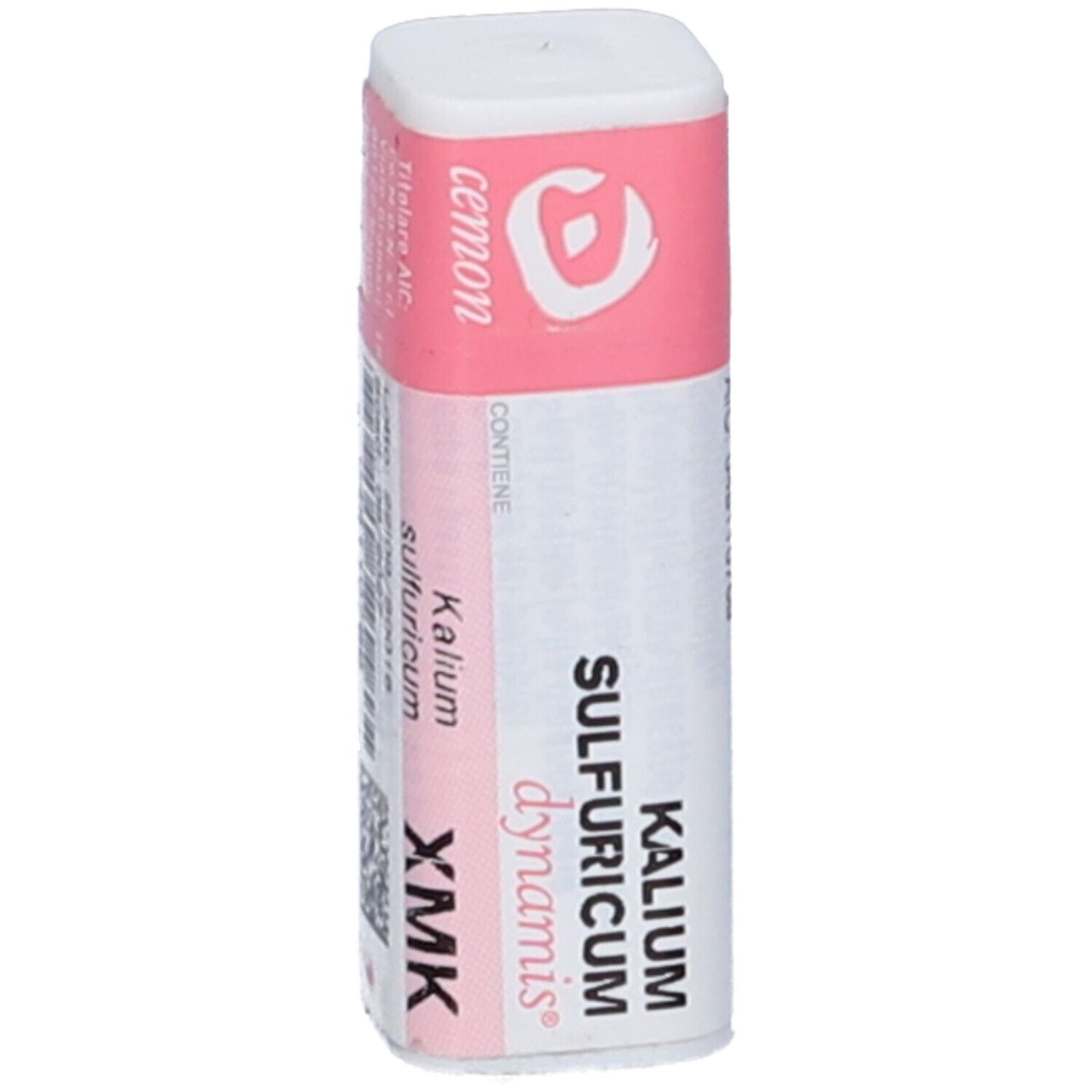Flacone cilindrico con fascia rosa. Scritte: cemon, Kalium Sulfuricum, dynamis, XMK. Codice ATC e codice a barre.