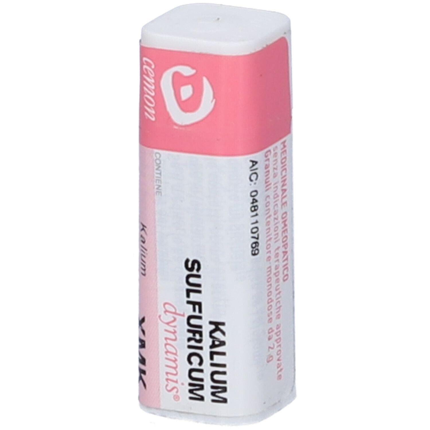 Flacone cilindrico con fascia rosa. Scritte: cemon, Kalium Sulfuricum, dynamis, XMK. Codice ATC e testo.