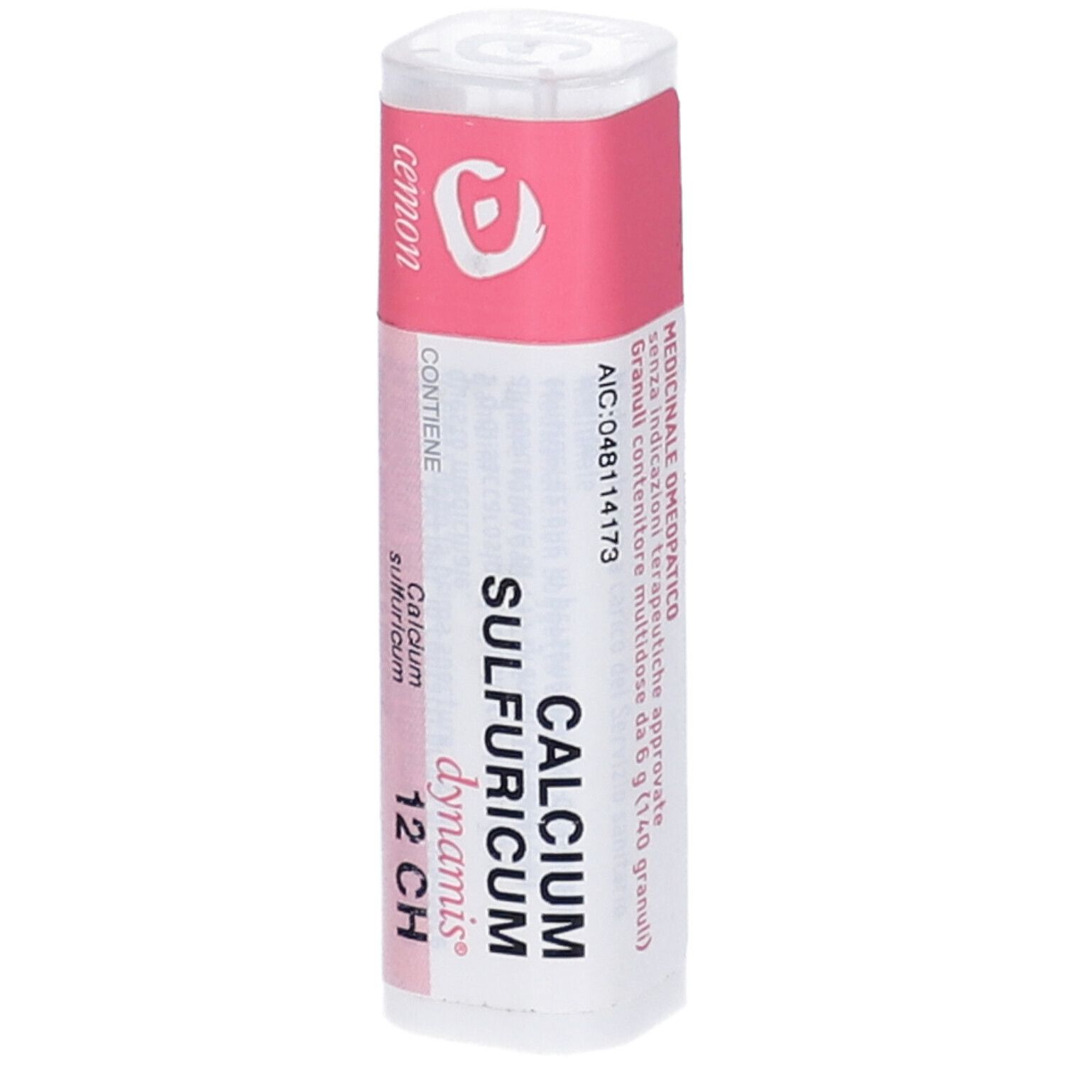 Flacone cilindrico con etichetta rosa. Scritta: cemon, Calcium Sulfuricum, 12 CH, multidose.