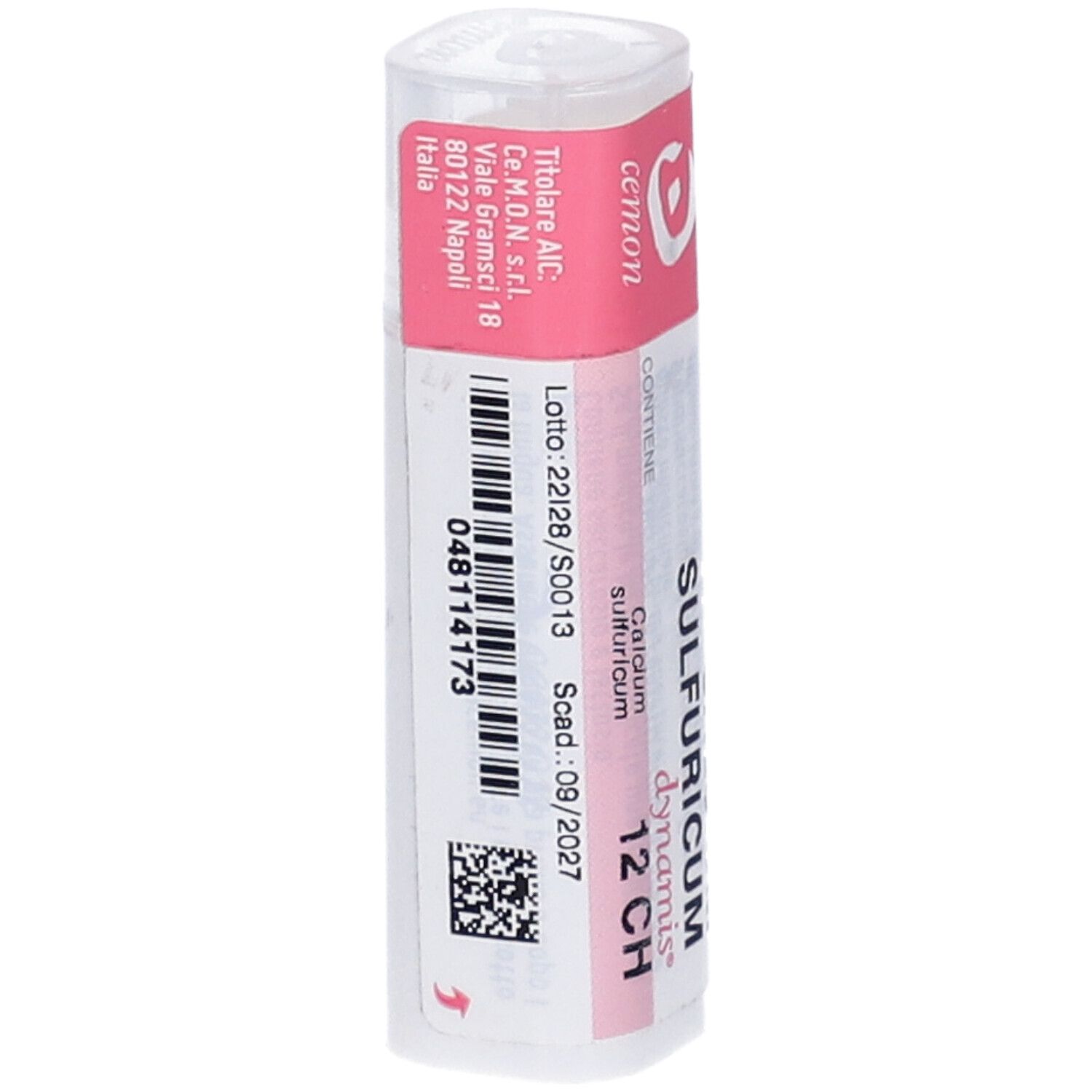 Flacone cilindrico con etichetta rosa. Scritta: cemon, Calcium Sulfuricum, 12 CH, lotto, scadenza.