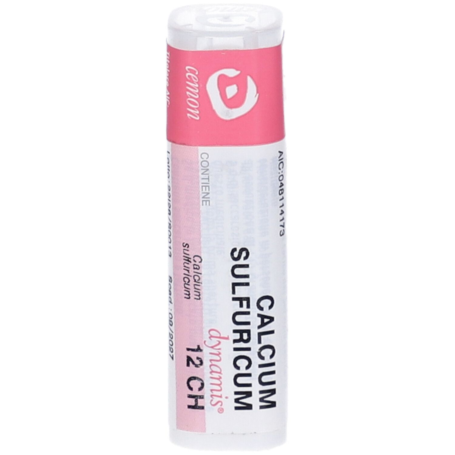 Flacone cilindrico con etichetta rosa. Scritta: cemon, Calcium Sulfuricum, 12 CH, lotto, scadenza.