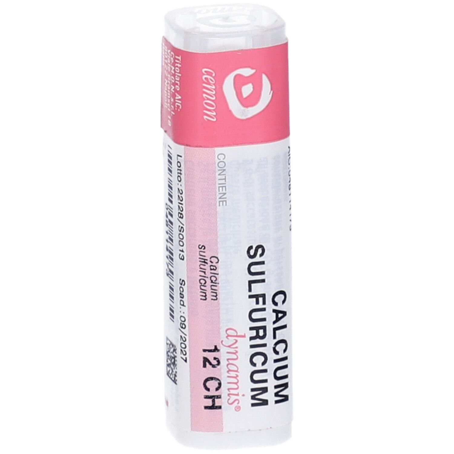 Flacone cilindrico con etichetta rosa. Scritta: cemon, Calcium Sulfuricum, 12 CH, lotto, scadenza.