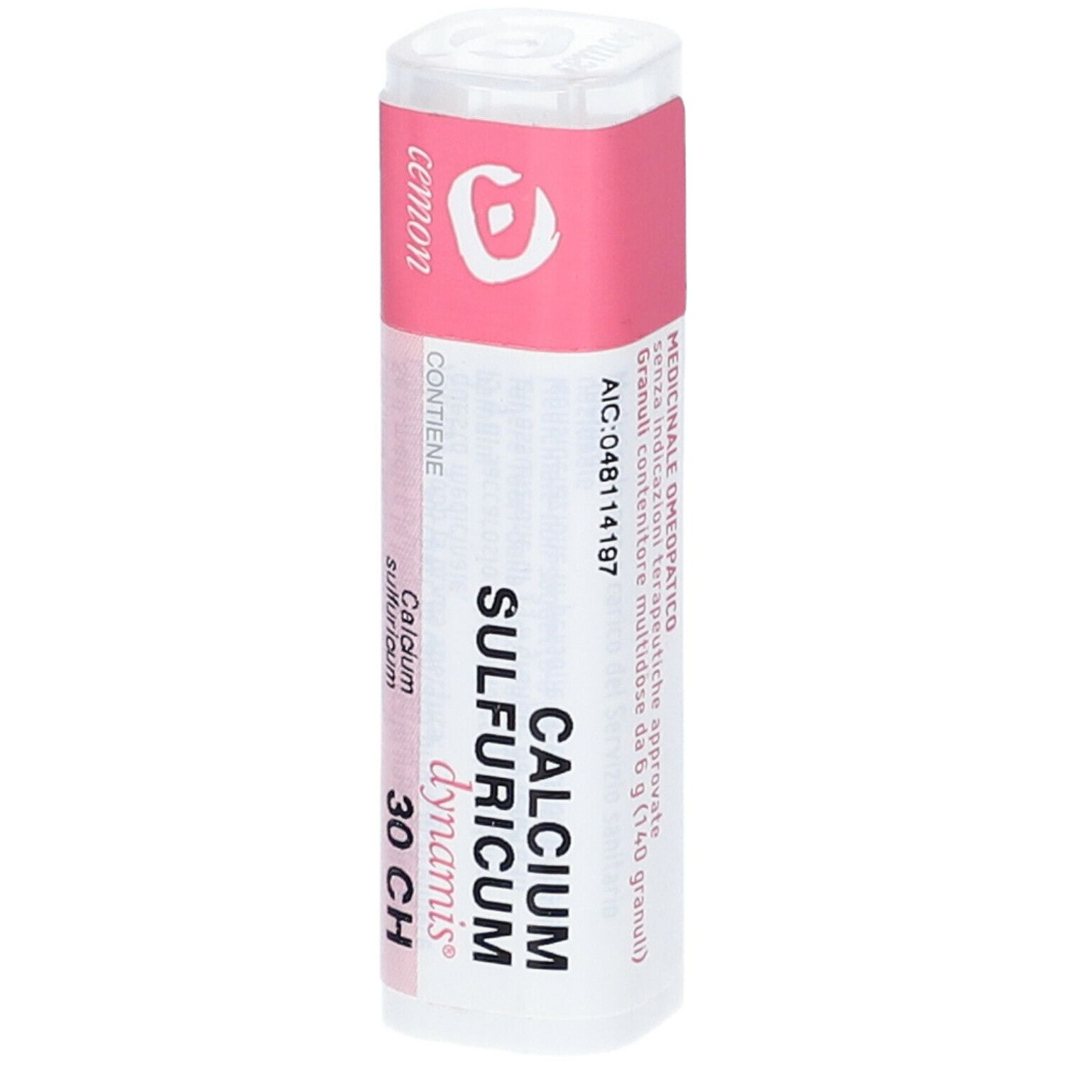 Confezione cilindrica con etichetta rosa. Scritte: Calcium Sulfuricum, 30 CH, dynamis.