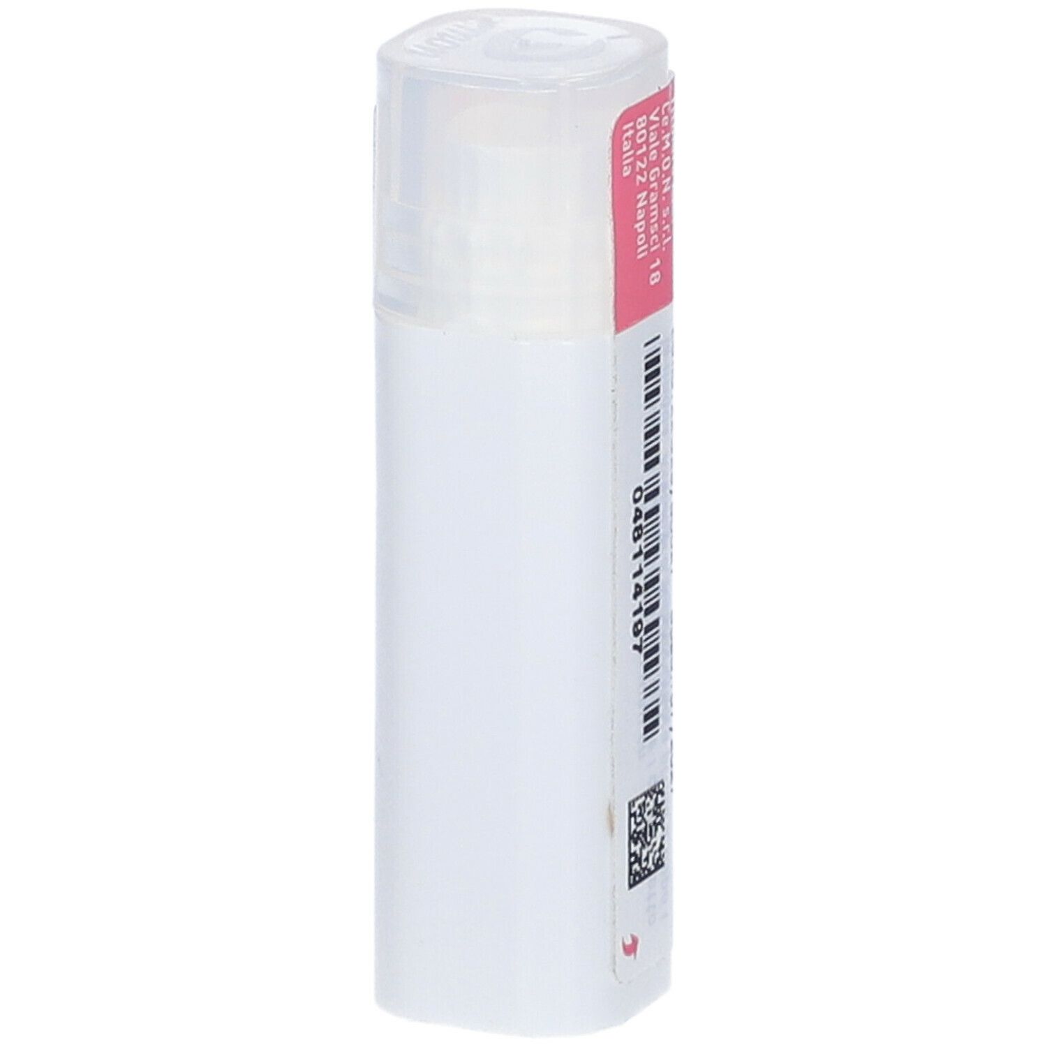 Confezione cilindrica con etichetta rosa. Scritte: Codice AIC, codice a barre.