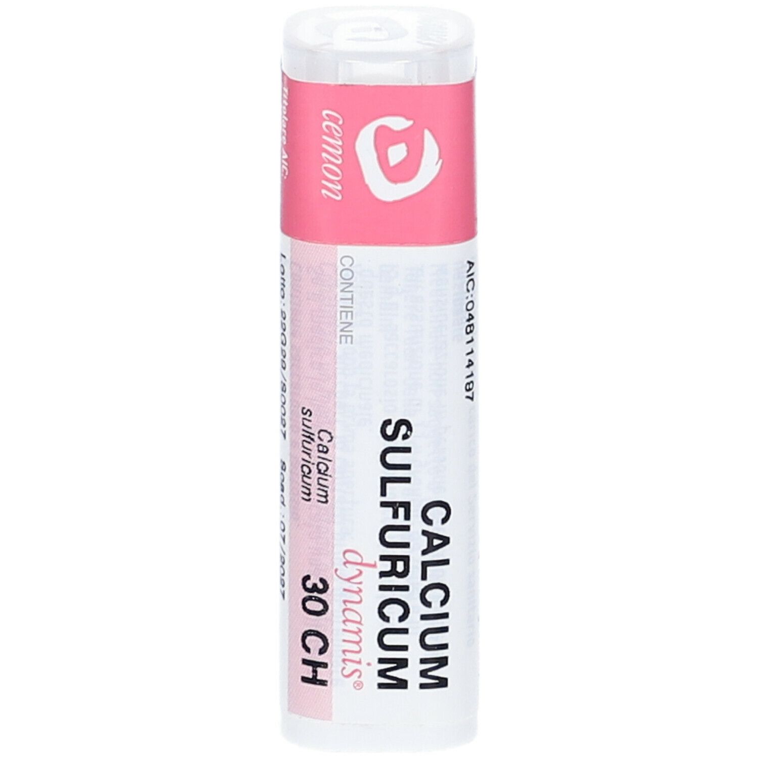 Confezione cilindrica con etichetta rosa. Scritte: Calcium Sulfuricum, 30 CH, dynamis, cemon.