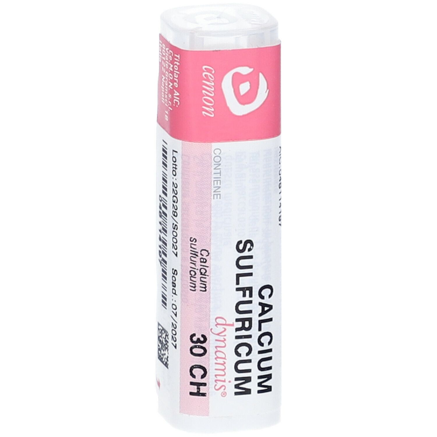 Confezione cilindrica con etichetta rosa. Scritte: Calcium Sulfuricum, 30 CH, dynamis, numero lotto, scadenza.