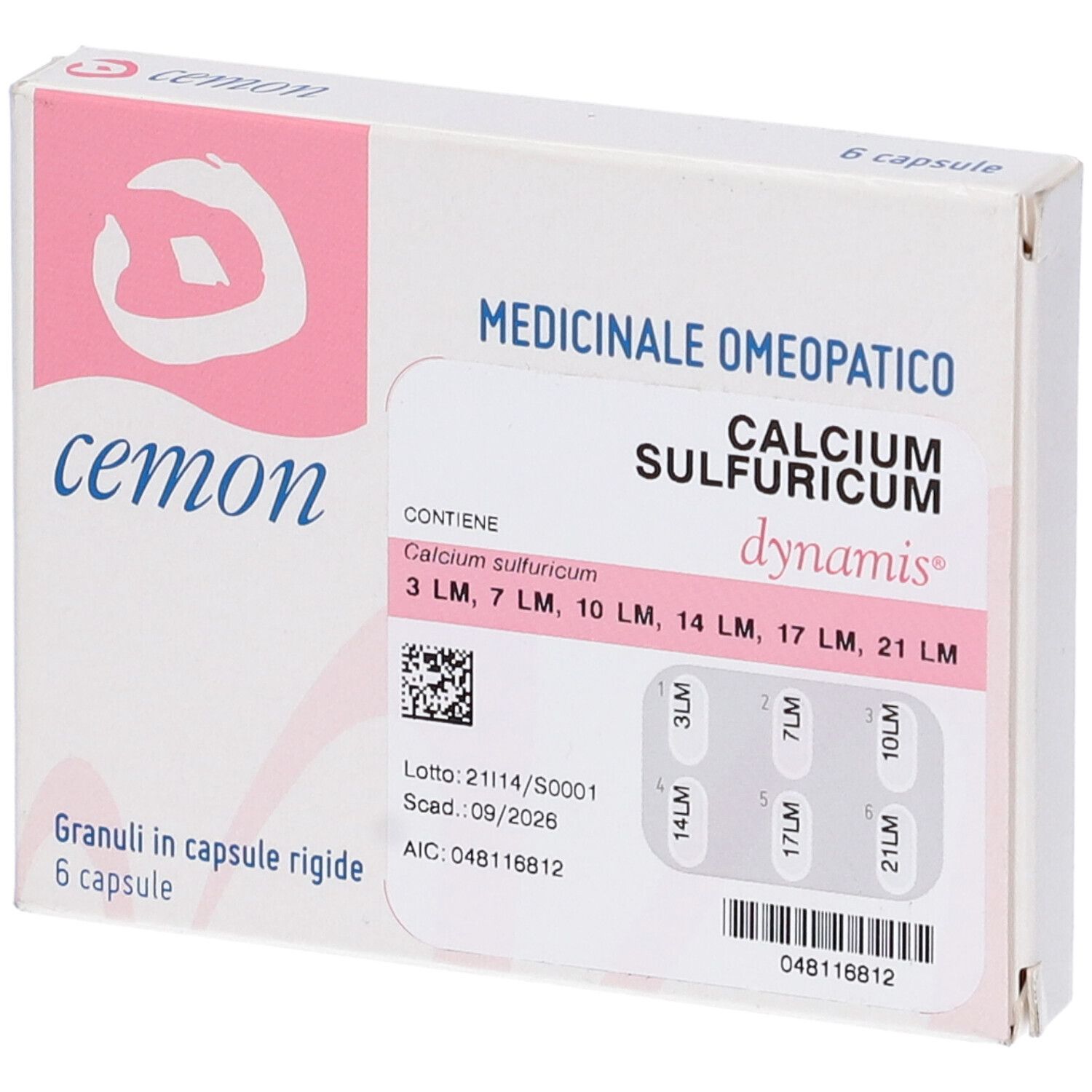Confezione Cemon. Bianca e rosa. Contiene 6 capsule. Scritta: Cemon, Calcium Sulfuricum, dynamis.