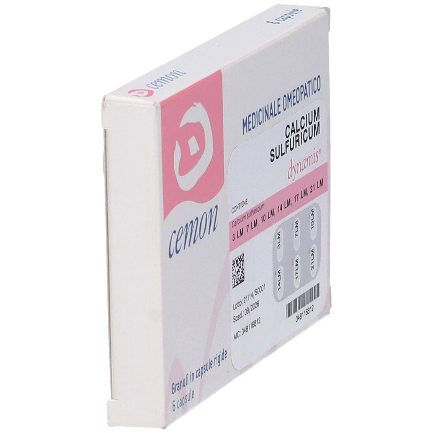 Confezione Cemon. Bianca e rosa. Contiene 6 capsule. Scritta: Cemon, Calcium Sulfuricum, dynamis.