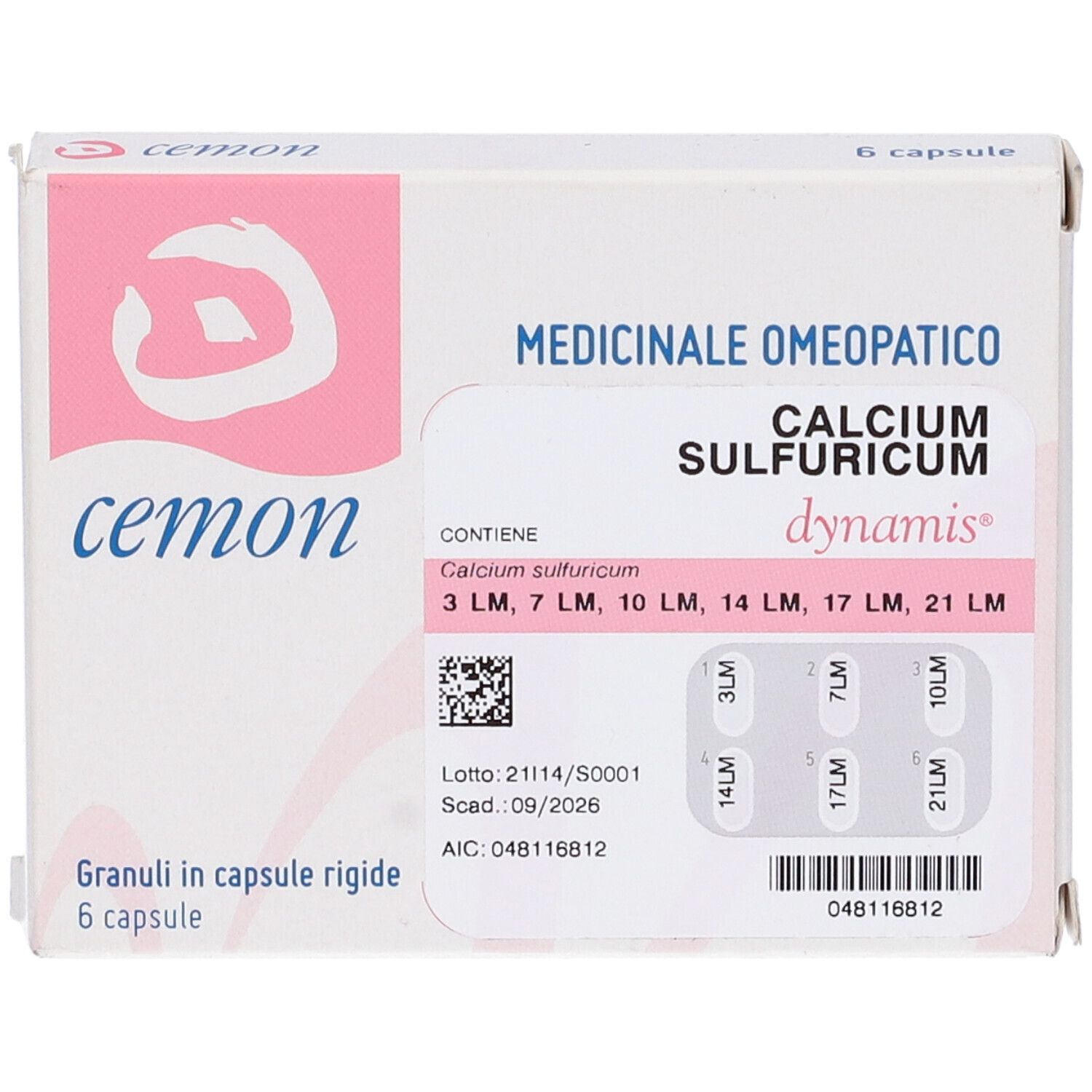 Confezione Cemon. Bianca e rosa. Contiene 6 capsule. Scritta: Cemon, Calcium Sulfuricum, dynamis.
