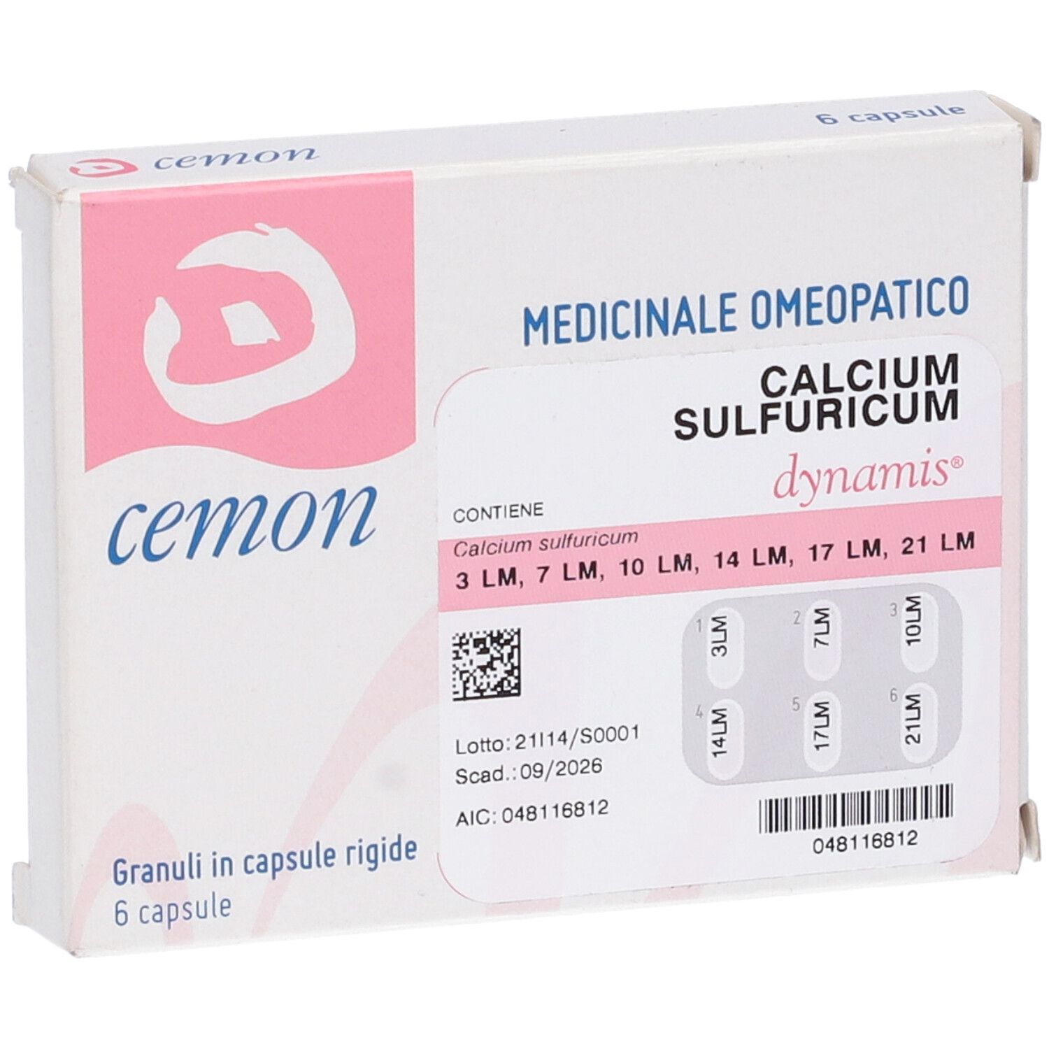 Confezione Cemon. Bianca e rosa. Contiene 6 capsule. Scritta: Cemon, Calcium Sulfuricum, dynamis.