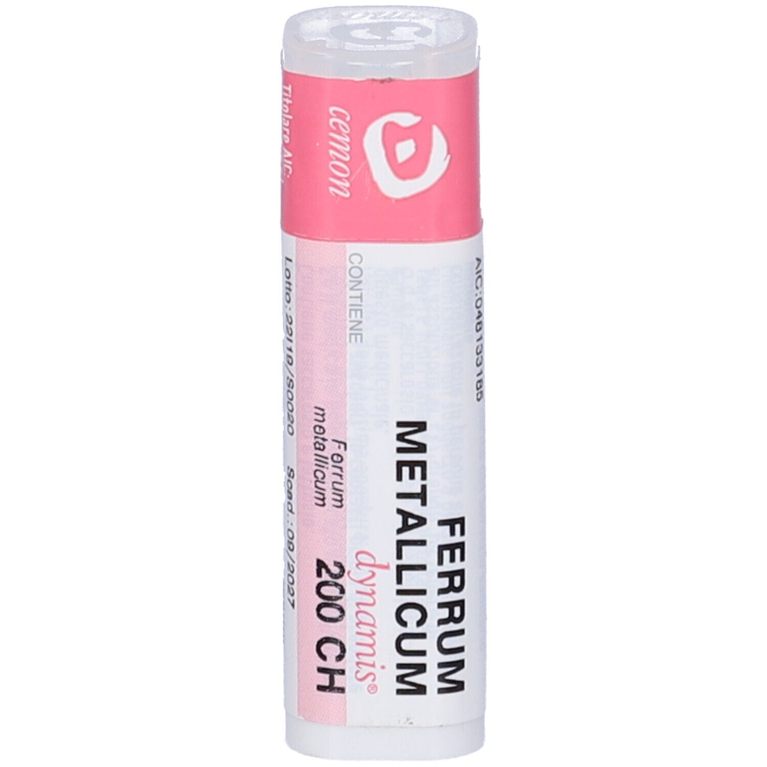 Flacone cilindrico con etichetta rosa. Testo: Ferrum Metallicum 200 CH.