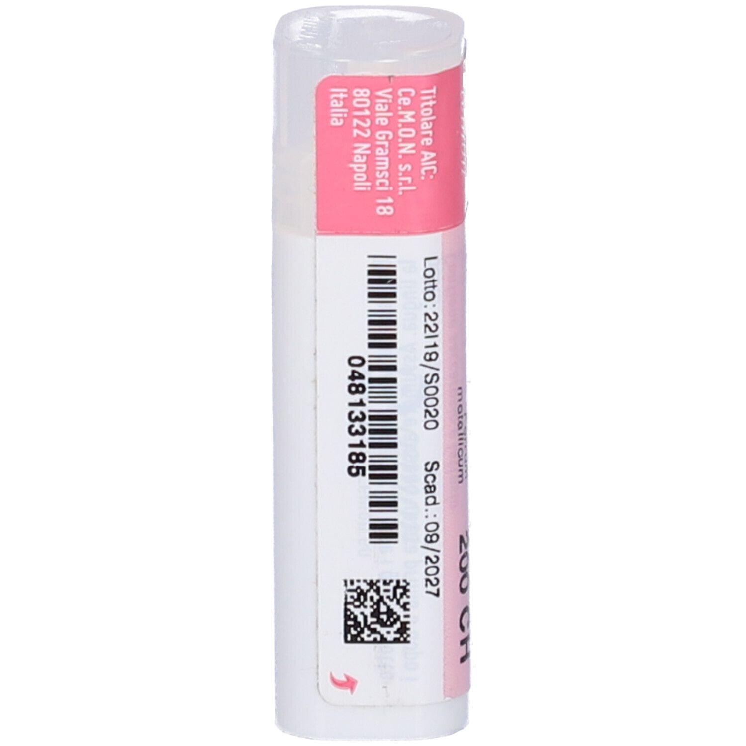 Flacone cilindrico con etichetta rosa. Testo: 048133185, scad. 09/2027.