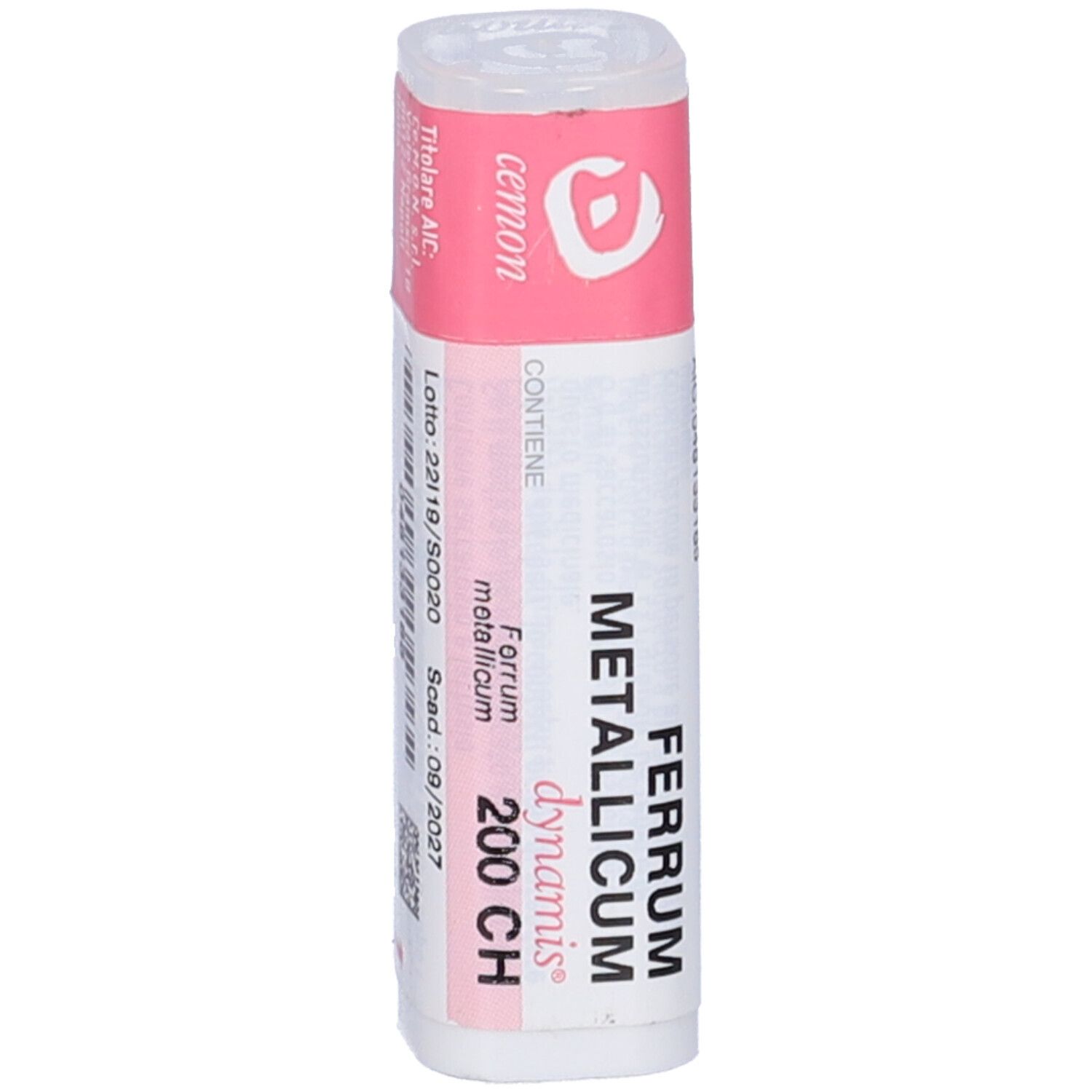 Flacone cilindrico con etichetta rosa. Testo: Ferrum Metallicum 200 CH.