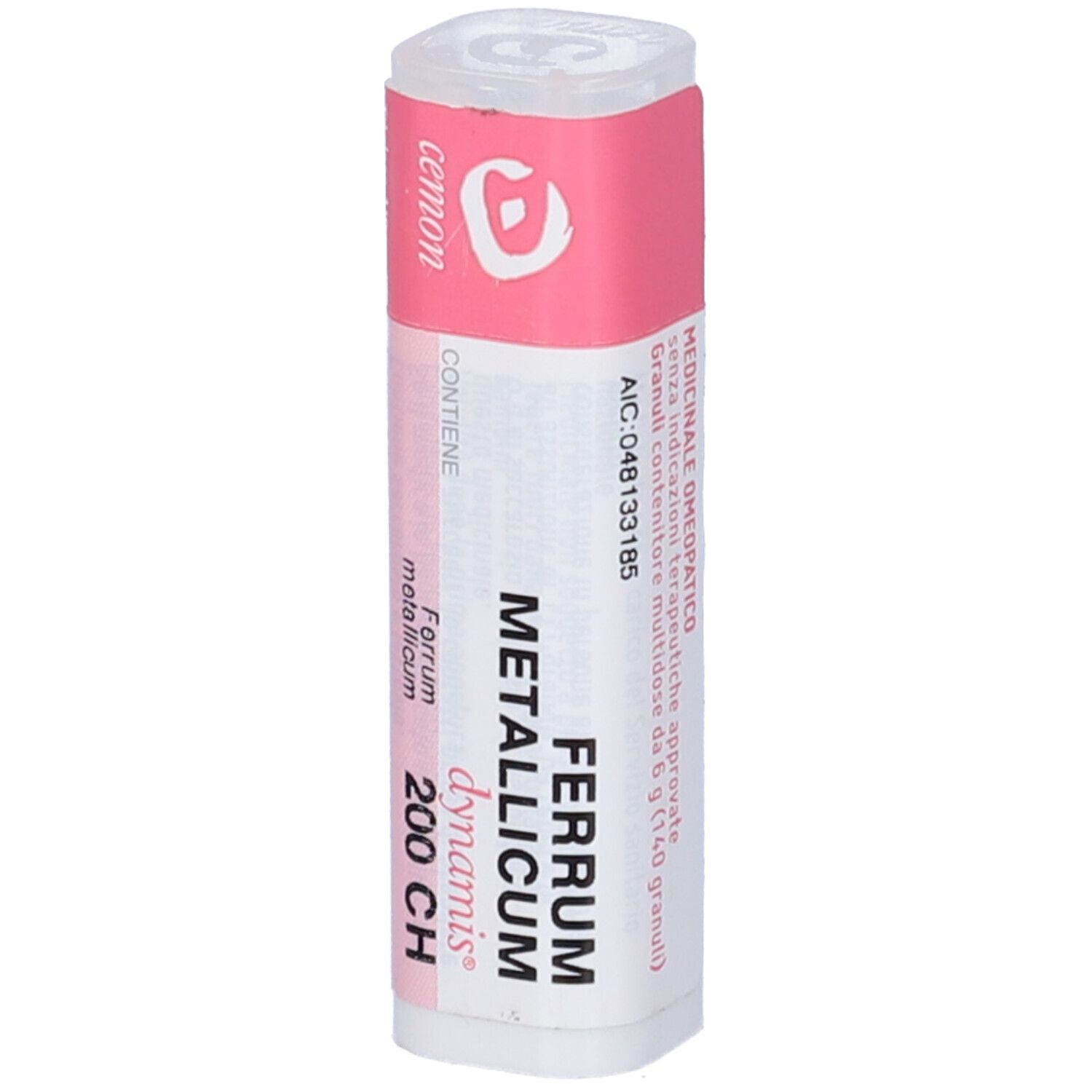 Flacone cilindrico con etichetta rosa. Testo: Ferrum Metallicum 200 CH.