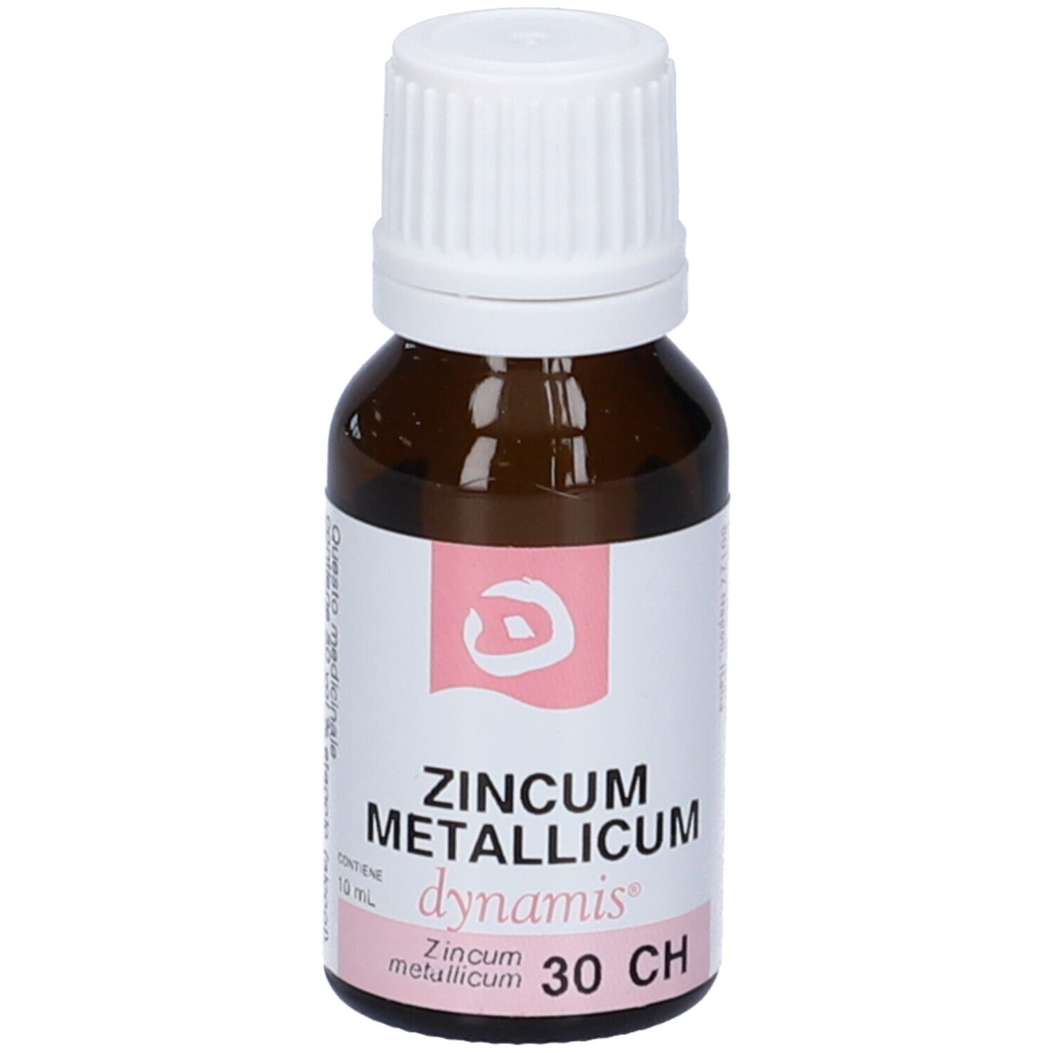 Flacone di vetro marrone con tappo bianco. Scritta: ZINCUM METALLICUM dynamis 30 CH.