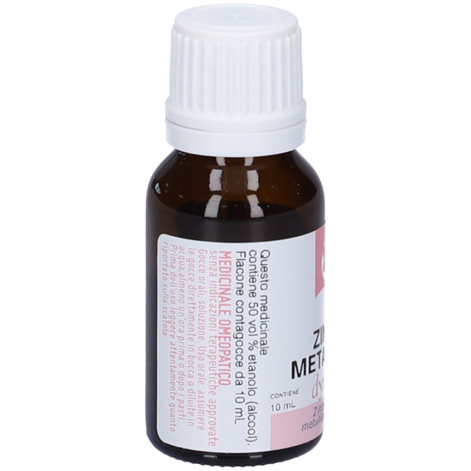 Flacone di vetro marrone con tappo bianco. Scritta: ZINCUM METALLICUM dynamis 30 CH.