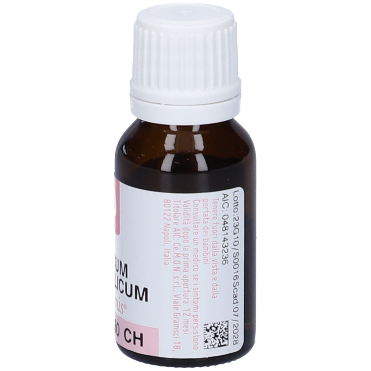 Flacone di vetro marrone con tappo bianco. Scritta: ZINCUM METALLICUM dynamis 30 CH.