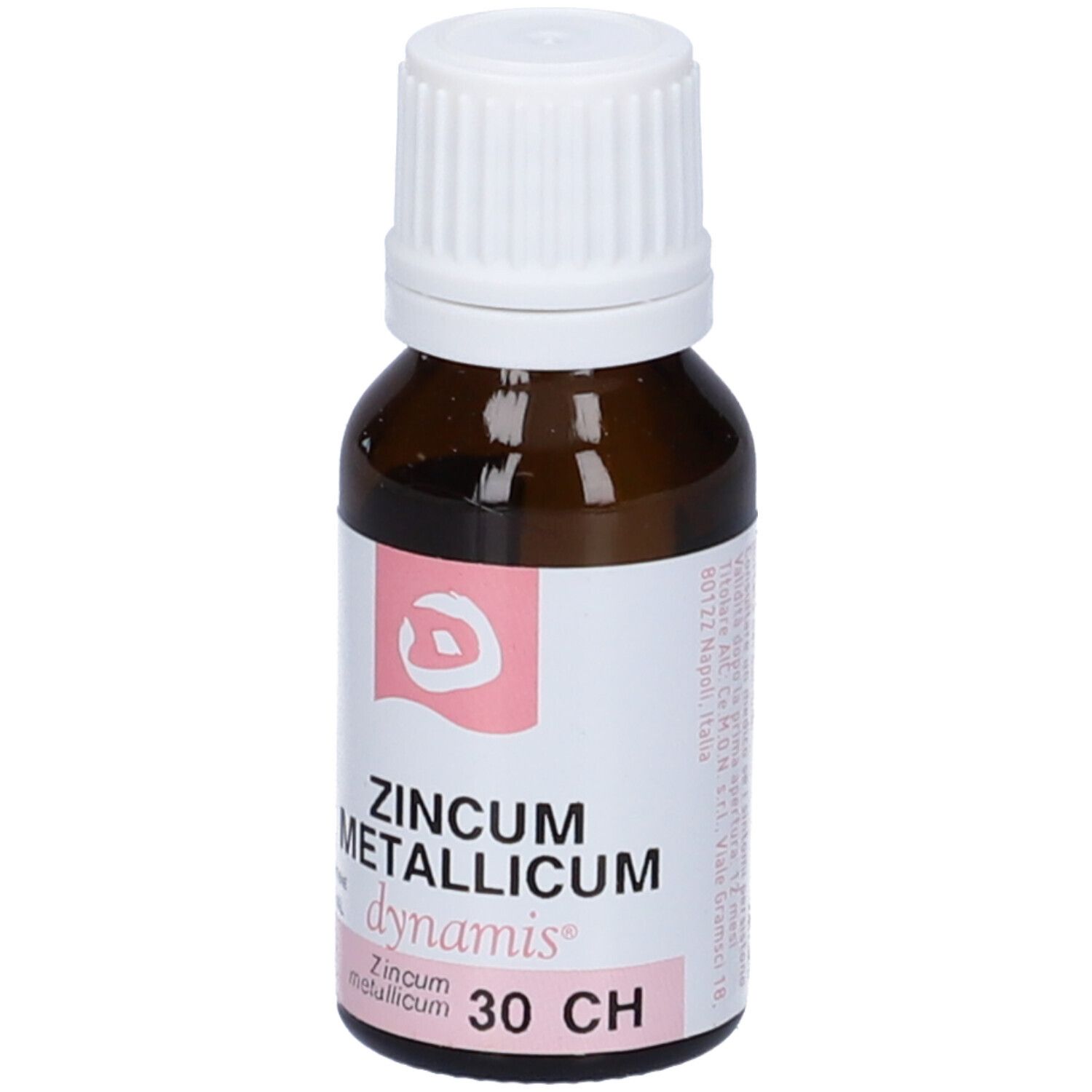 Flacone di vetro marrone con tappo bianco. Scritta: ZINCUM METALLICUM dynamis 30 CH.