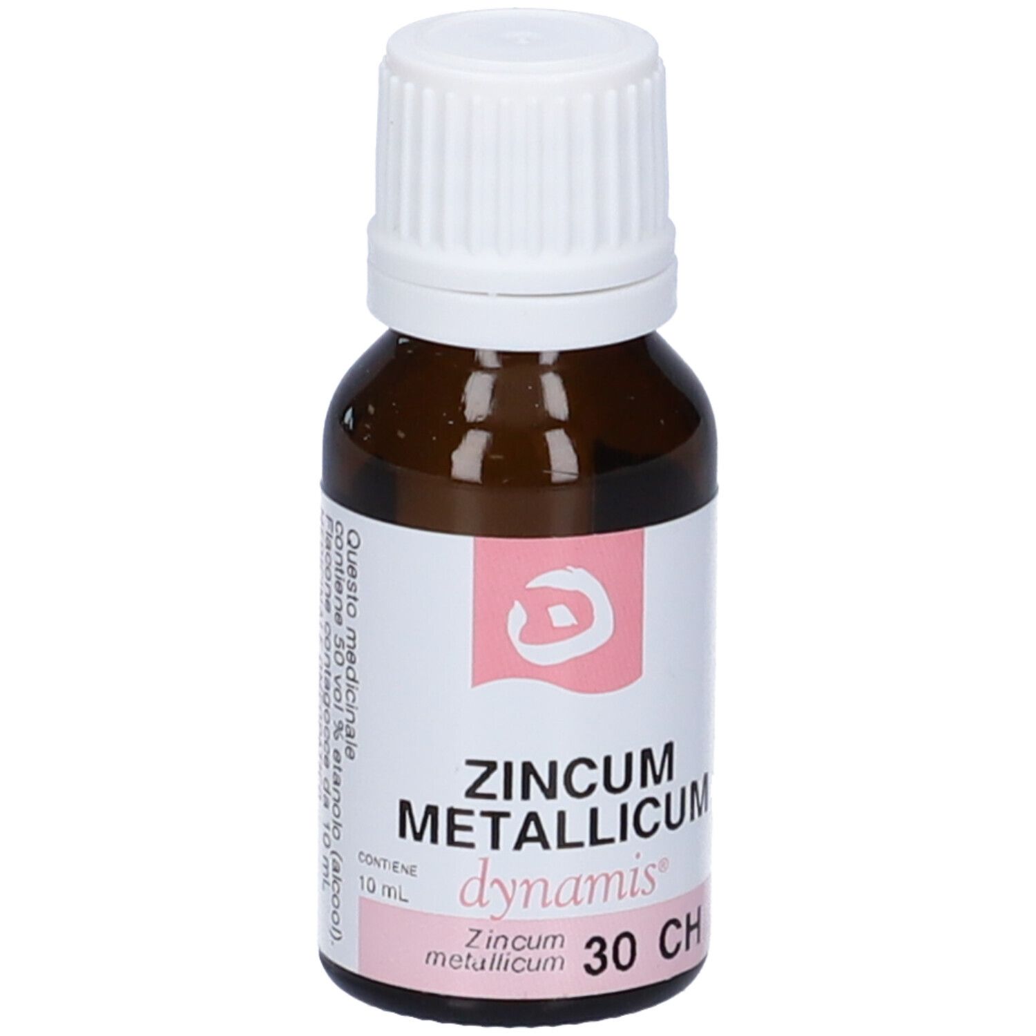 Flacone di vetro marrone con tappo bianco. Scritta: ZINCUM METALLICUM dynamis 30 CH.