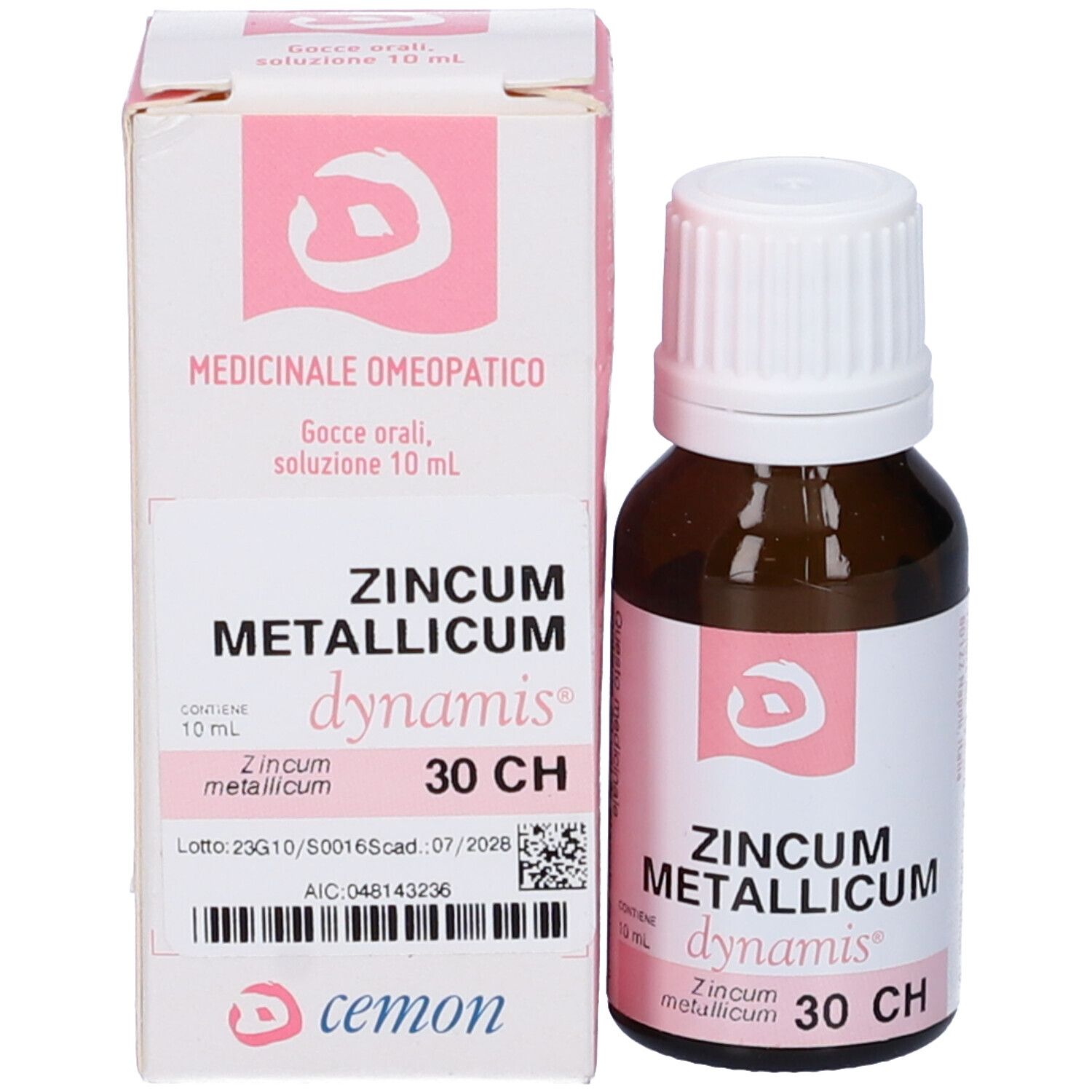 Flacone e scatola di vetro marrone. Scritta: ZINCUM METALLICUM dynamis 30 CH, cemon.