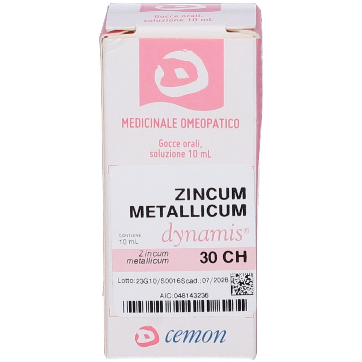 Scatola con scritta: ZINCUM METALLICUM dynamis 30 CH, cemon.
