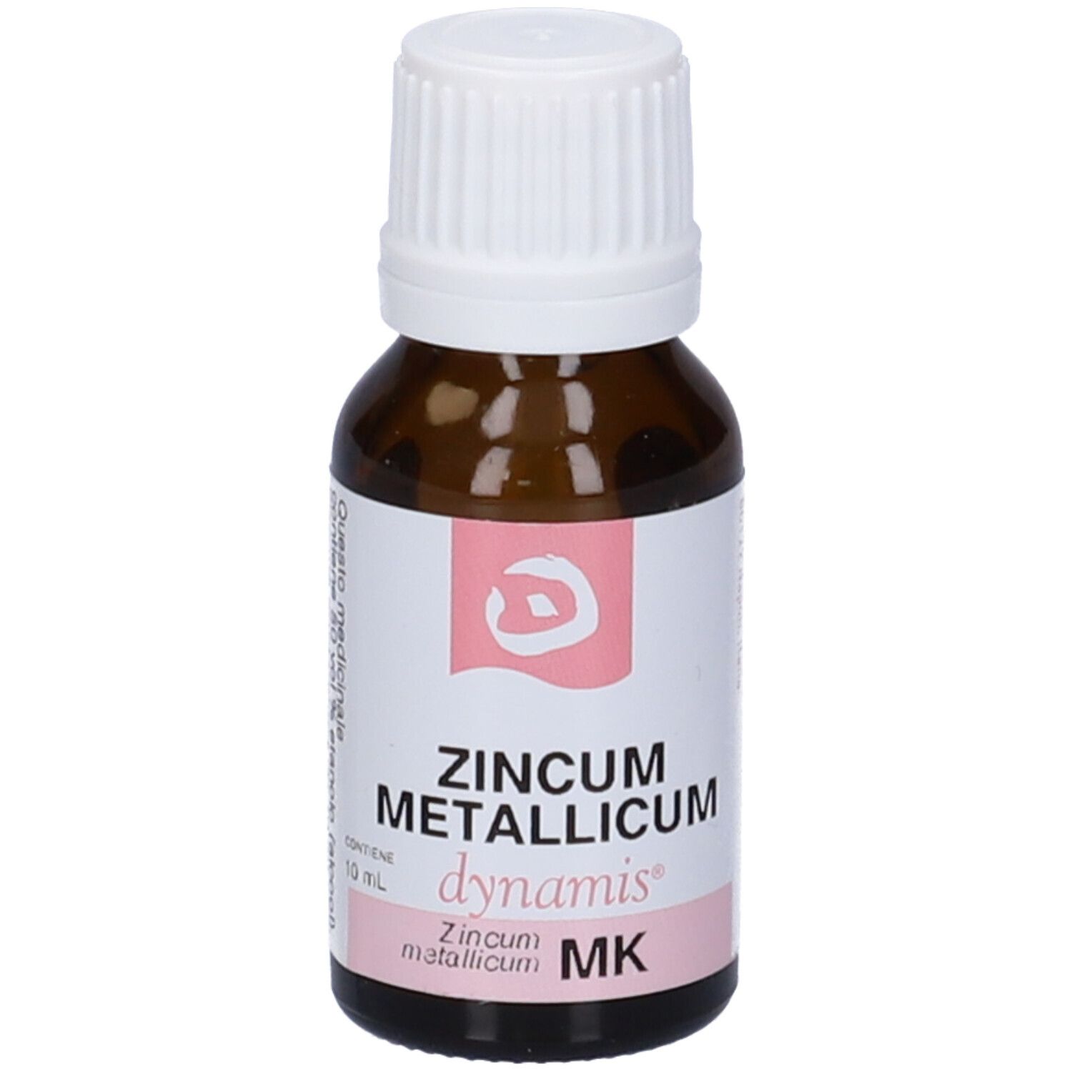 Flacone di vetro marrone con tappo bianco. L'etichetta riporta "ZINCUM METALLICUM dynamis".
