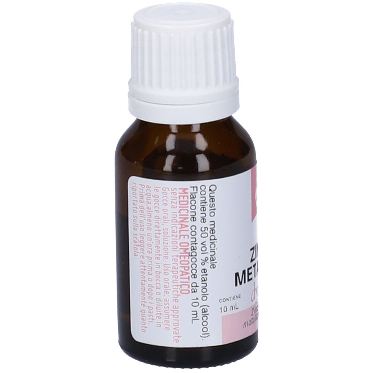 Flacone di vetro marrone con tappo bianco. L'etichetta riporta "ZINCUM METALLICUM dynamis".