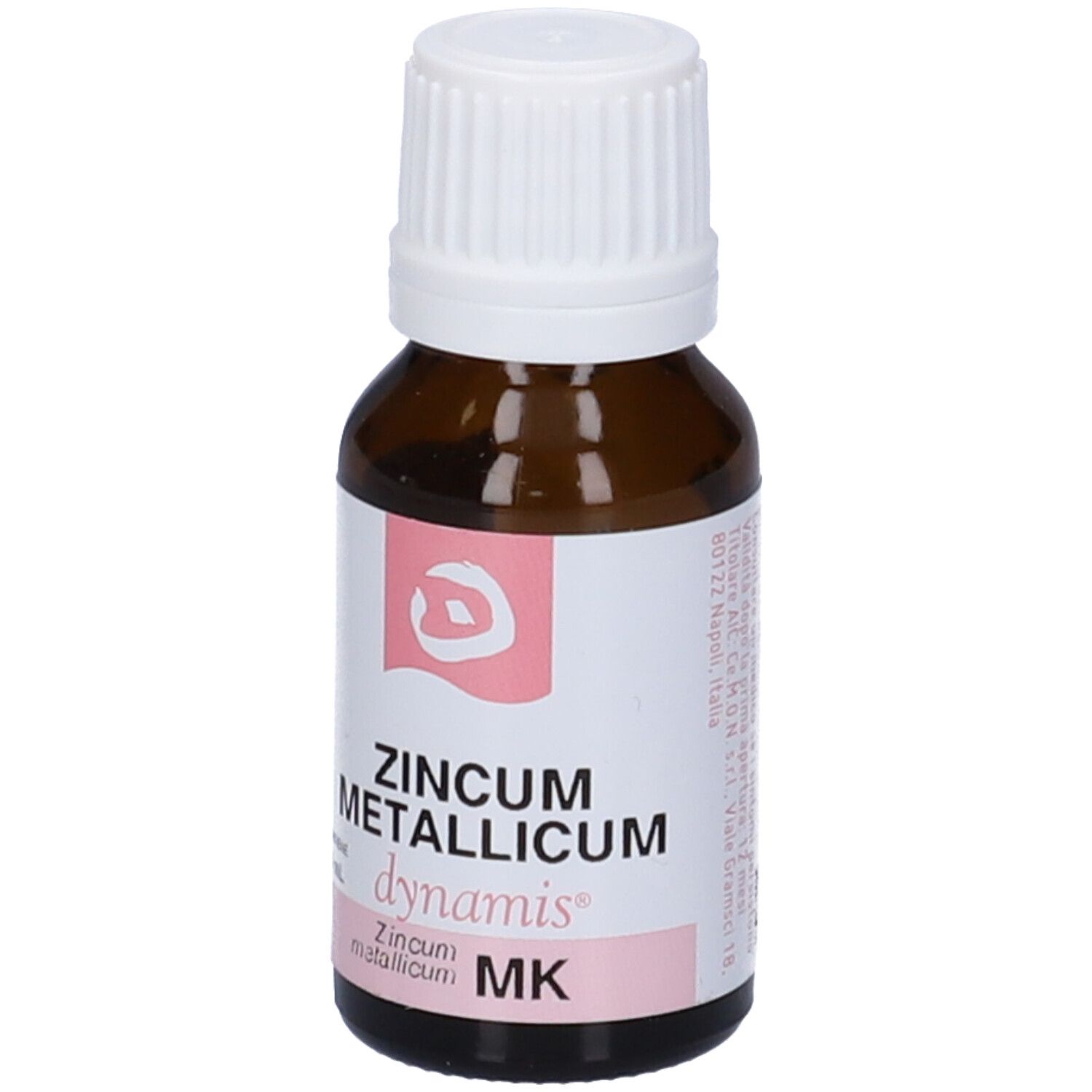 Flacone di vetro marrone con tappo bianco. L'etichetta riporta "ZINCUM METALLICUM dynamis".