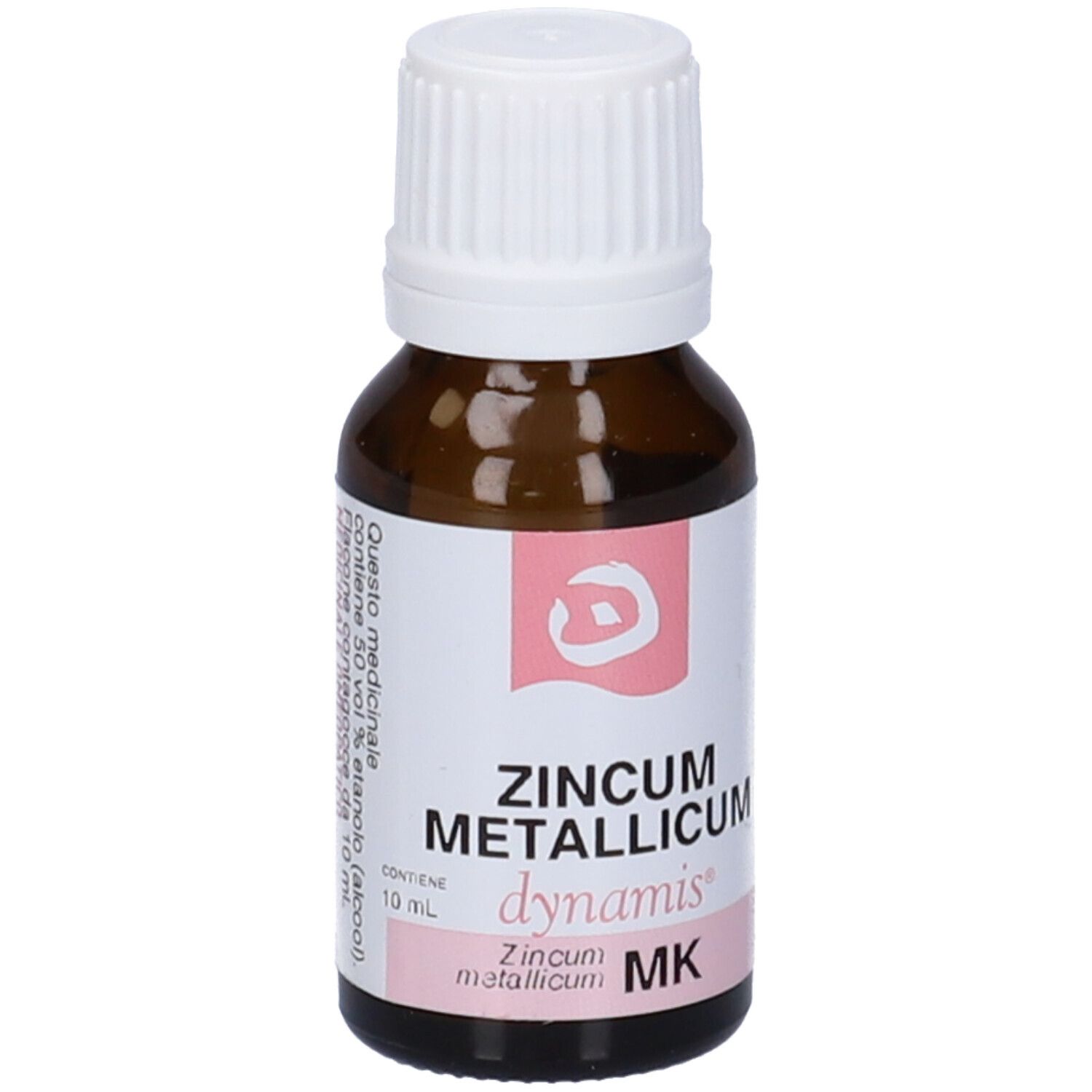 Flacone di vetro marrone con tappo bianco. L'etichetta riporta "ZINCUM METALLICUM dynamis".